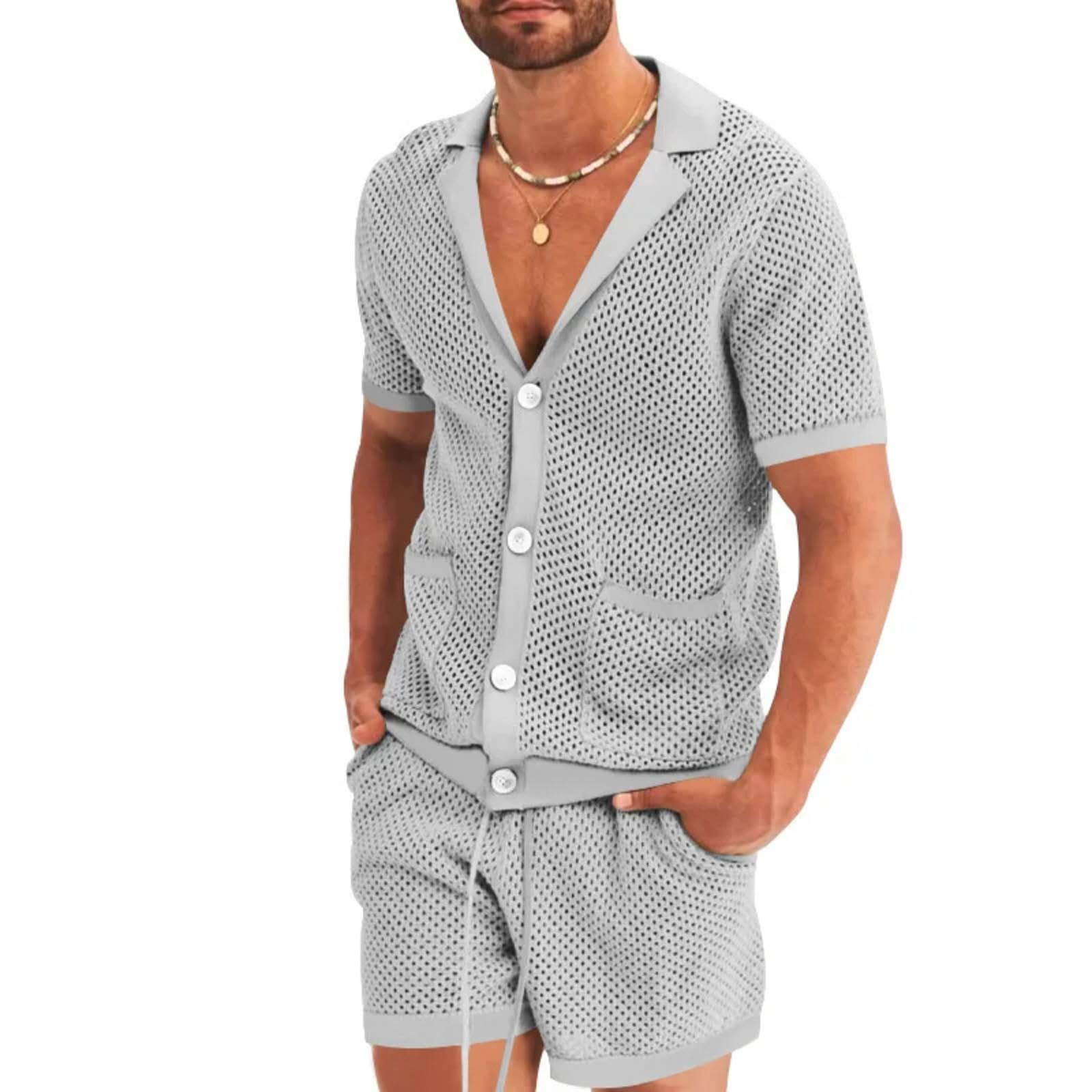 TURHAN Conjunto De Chándal De Verano para Hombre, Camiseta De Manga Corta De Punto Calado De Malla y Pantalones Cortos Conjunto De 2 Piezas Trajes De Playa