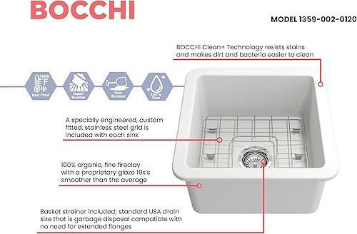 Miniatura 3 de BOCCHI Sotto - Fregadero de doble montaje de arcilla refractaria de 18 pulgadas con rejilla inferior protectora y colador en blanco mate