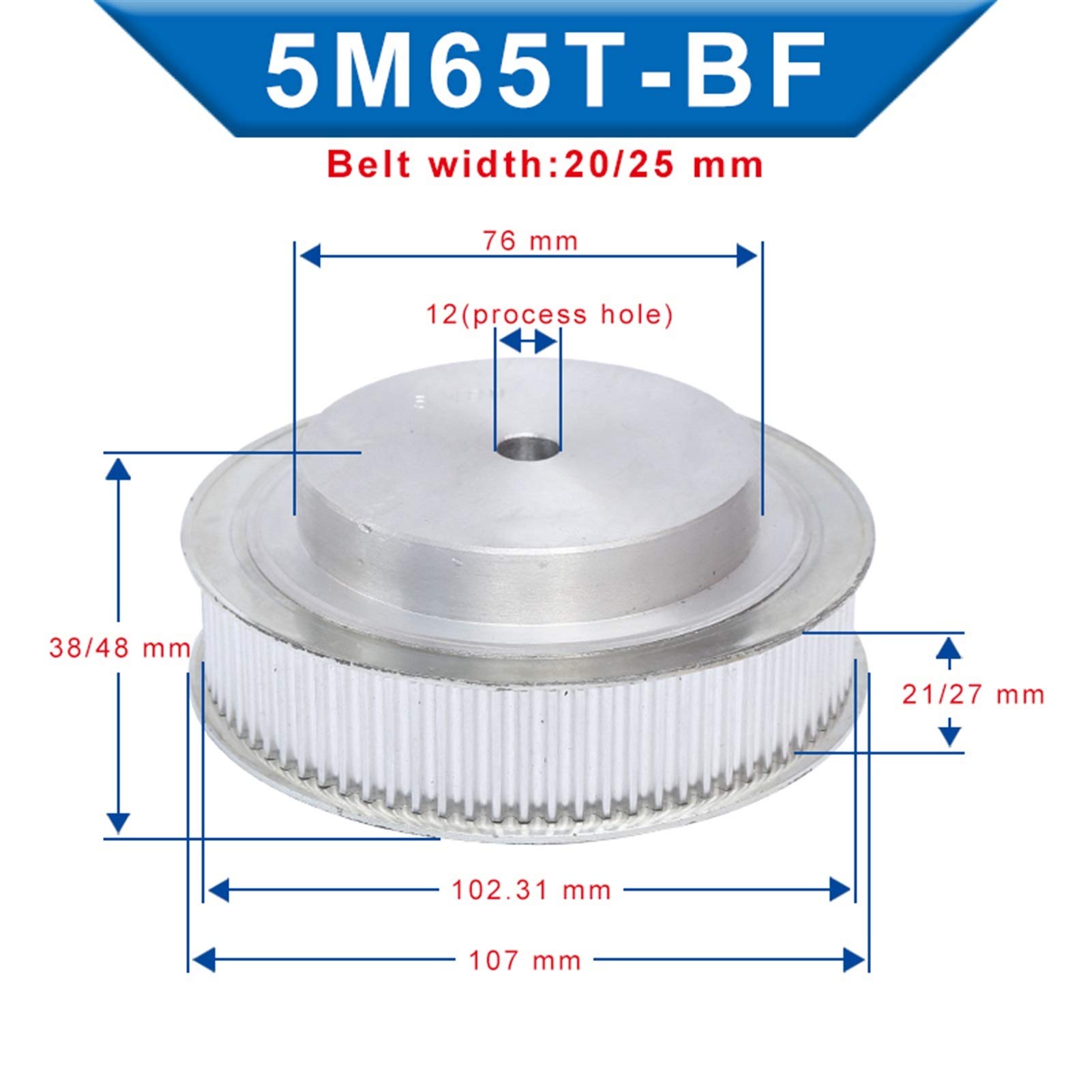 Zxxin-Rueda de cinturón, Polea de tiempo de aluminio 5M-65T / 70T / 72T / 75T, proceso de la polea de la correa de material, orificio de 12 mm, ancho 21/27 mm, para ancho 20/25 mm correa dentada Durab