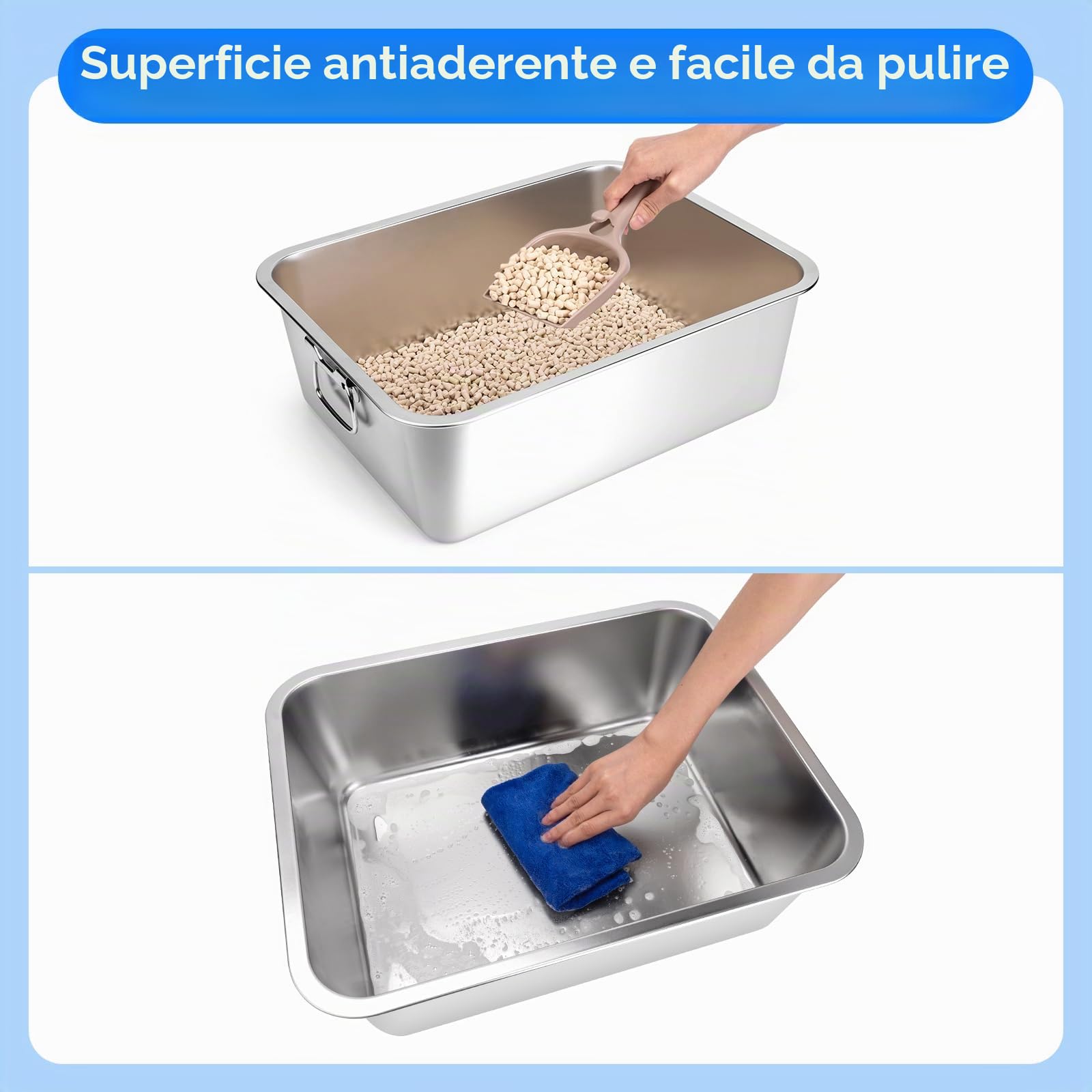 Lettiera per Gatti in Acciaio Inox, Lettiera con maniglia per gatti e Conigli, Plateau d'alimentation rabattable, lettiere antiodore, superficie liscia antiaderente (60x40.5x16.5cm)