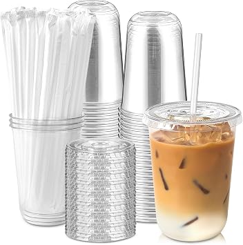 [50 Sets - 16oz Round Bottom Clear Plastic Cups with Lids and Straws, Disposable Iced Coffee Cups with Lids To Go Cold Drink Cups for Smoothies, Juices, Party Catering