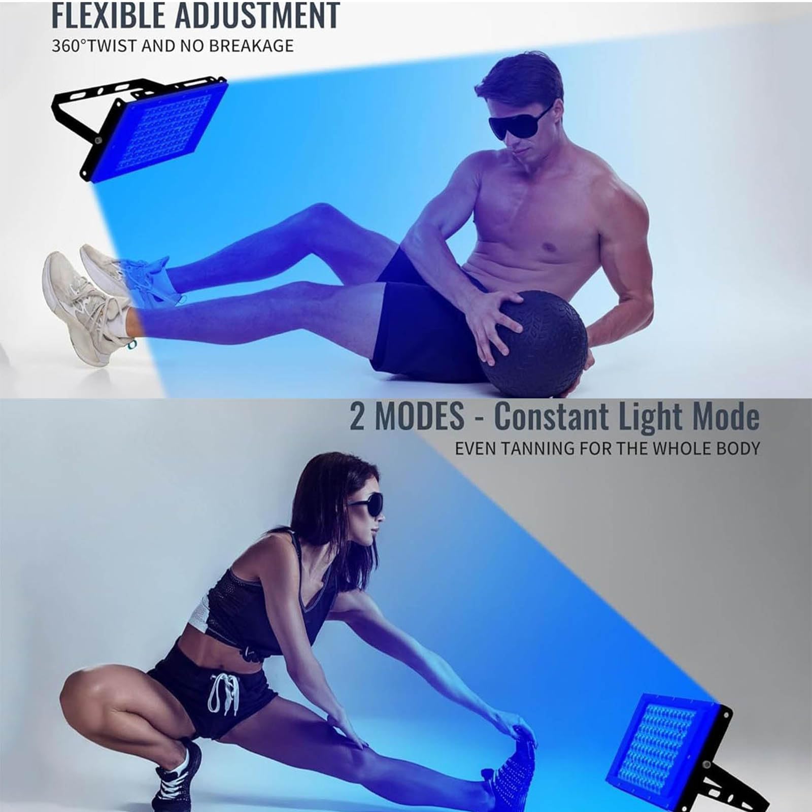 Lámpara de bronceado con soporte ajustable para cara y cuerpo, múltiples modos de luz y ajustes de temporizador