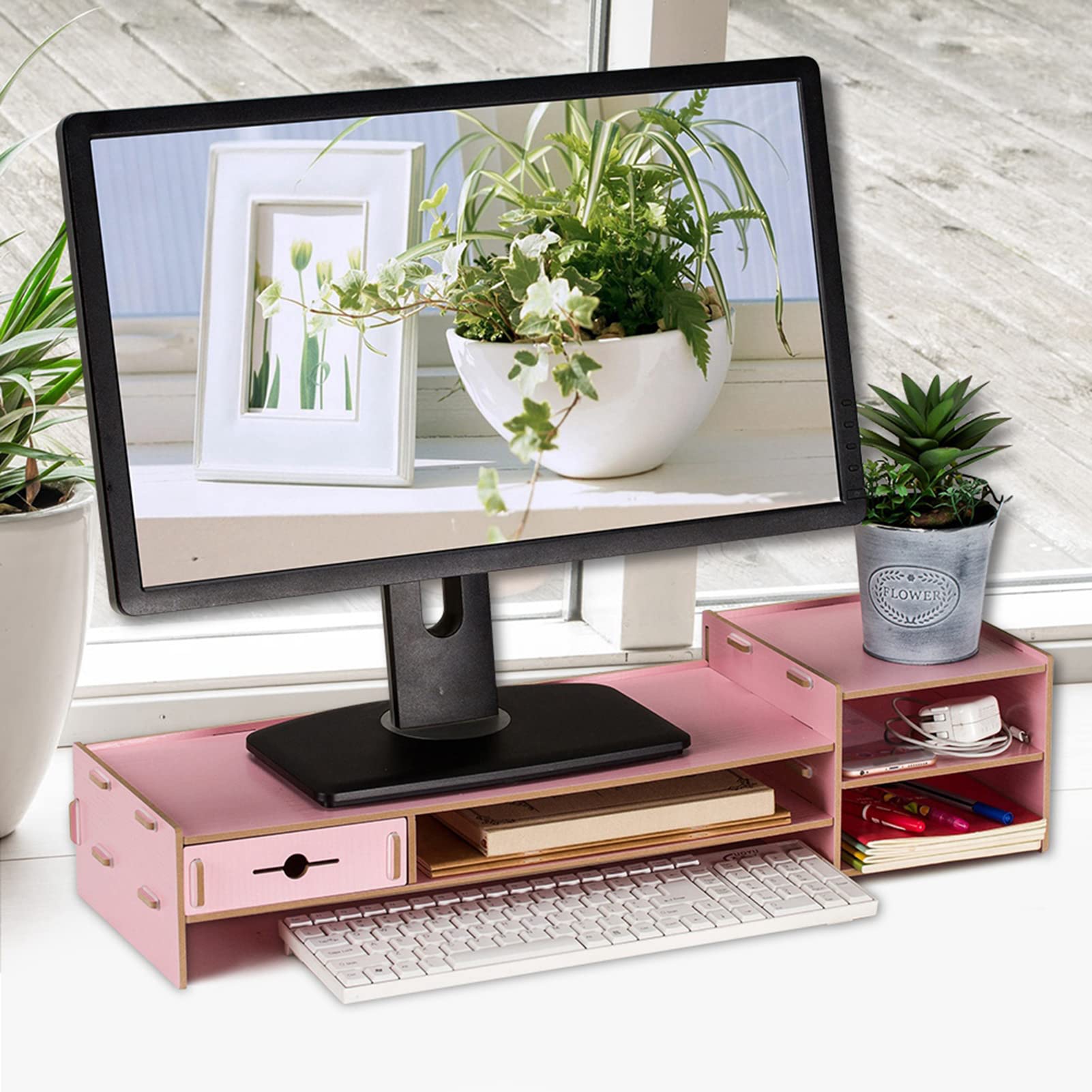 Podstawka pod monitor Podstawka do laptopa Podpórka do ekranu komputera Premium Drewniana półka na biurko do nowoczesnego domowego biura. Różowe drewno wiśniowe, duże rozmiary (Różowy)