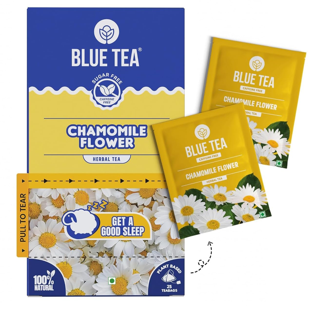 BLUE TEA - Chamomile Tea For Sleep - 25 Tea Bags - Plant Based | Get a good Sleep | Relaxation | Stress Relief | Caffeine Free - Flower Based - Herbal Tea | Single Tear Tea Box | Easy Pull Sachets