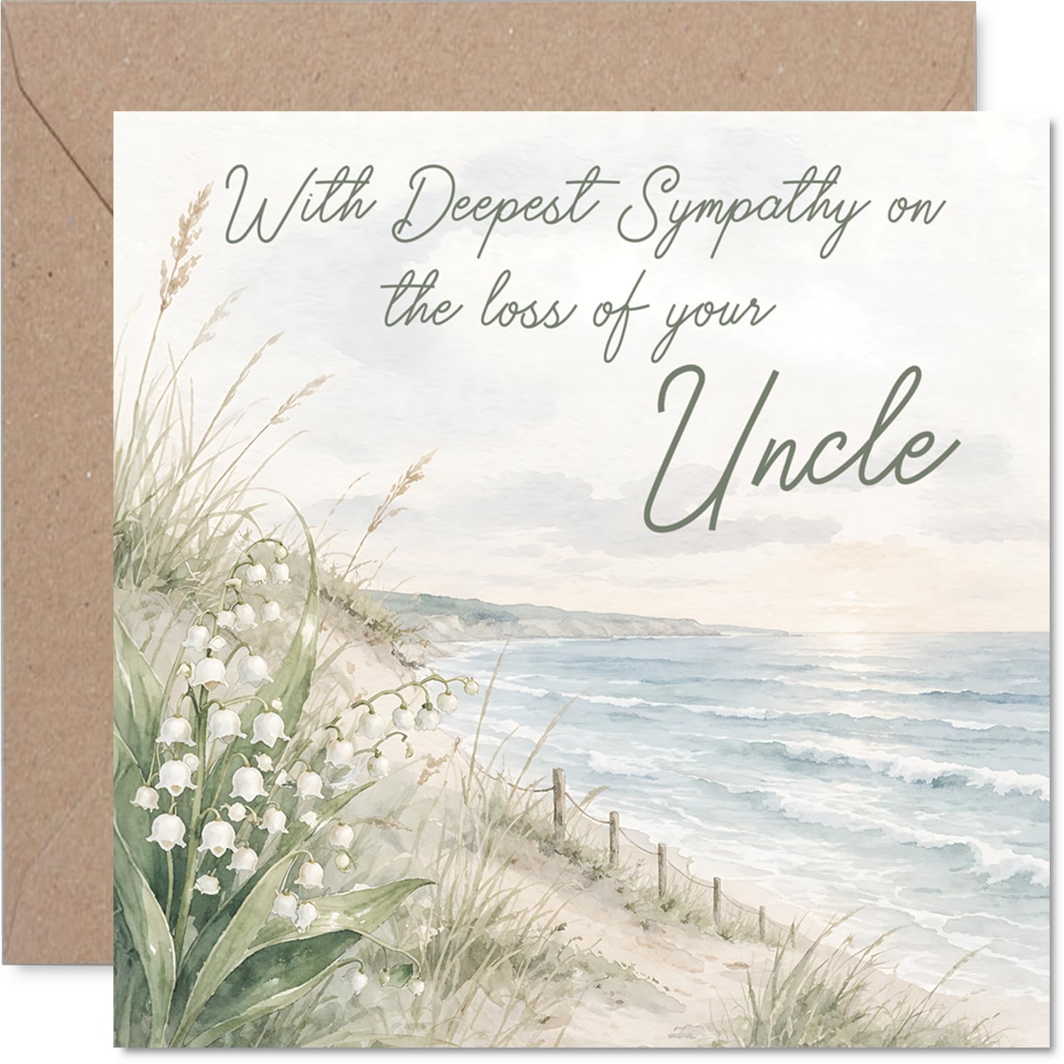 Comforting Sympathy Card - Loss of Uncle - Gentle Words and Serene Coastal Scene - Muted Floral Design for Peaceful Condolences - 145mm Square, Envelope Included