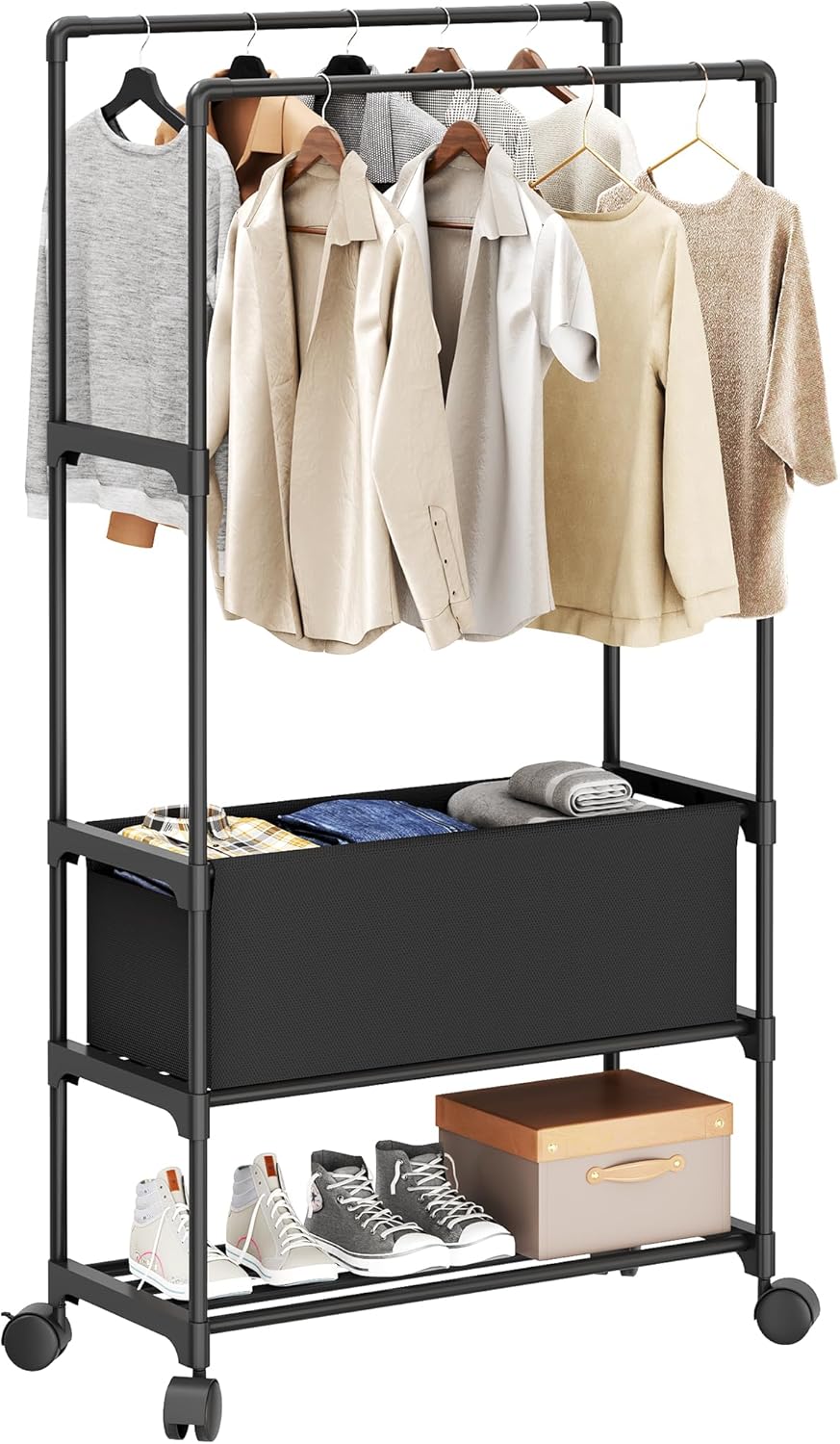NiHome Laundry Cart with Hanging Racks and Basket, Double Pole Rolling Clothes Rack with Laundry Basket, Mobile Garment Hanging Stand with Storage Shelf, Multi-Function Organizer for Bedroom (Black)