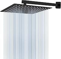 Voolan 12-Inch All-Metal Rainfall Shower Head with 16" Black Extension Arm - High Pressure Stainless Steel Rain Shower