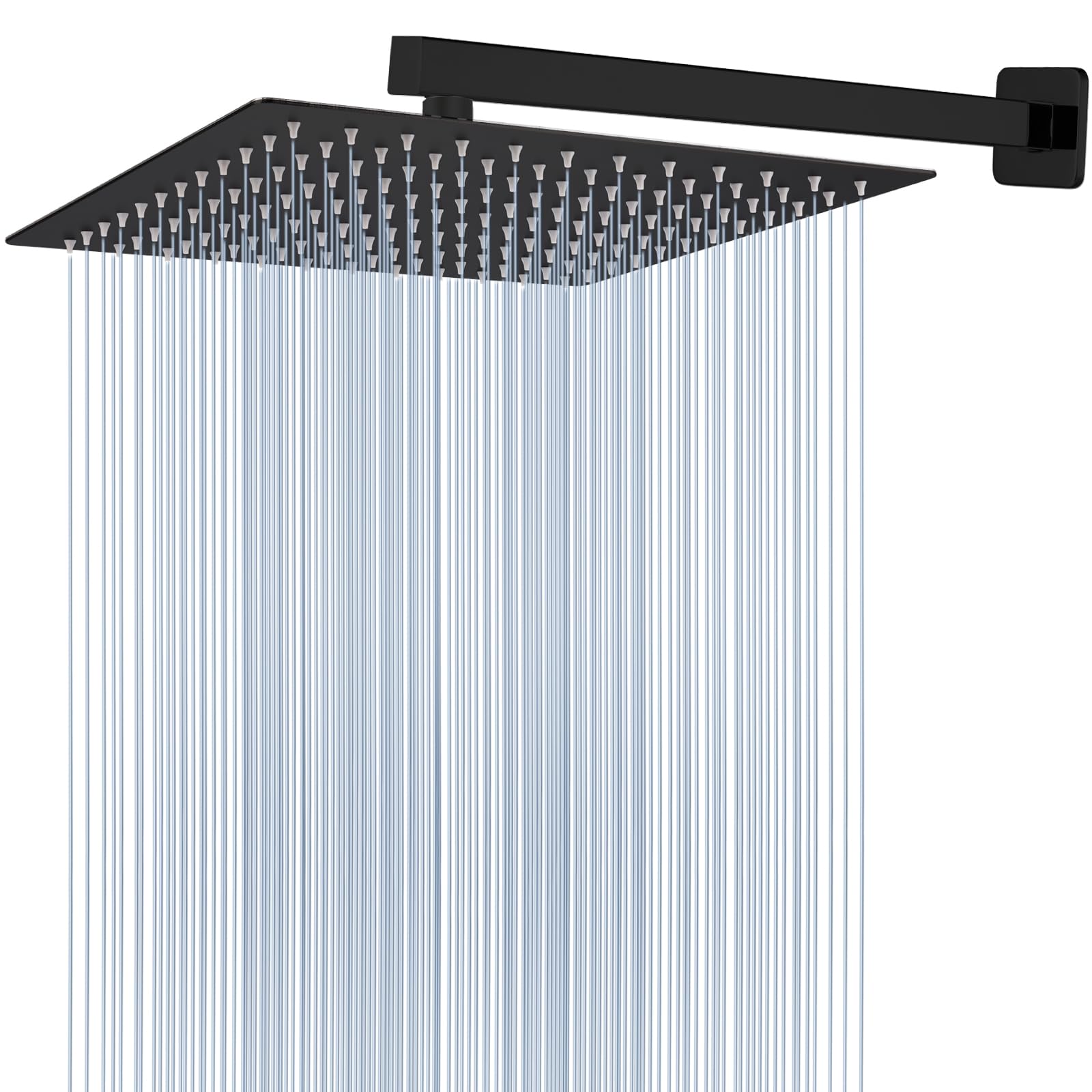 Voolan - Alcachofa de ducha de lluvia con brazo extensible, de acero inoxidable, ultrafina, con cascada, cabezal fijo cuadrado de alto flujo (12 pulgadas, brazo de ducha de 40,64 cm, negro)