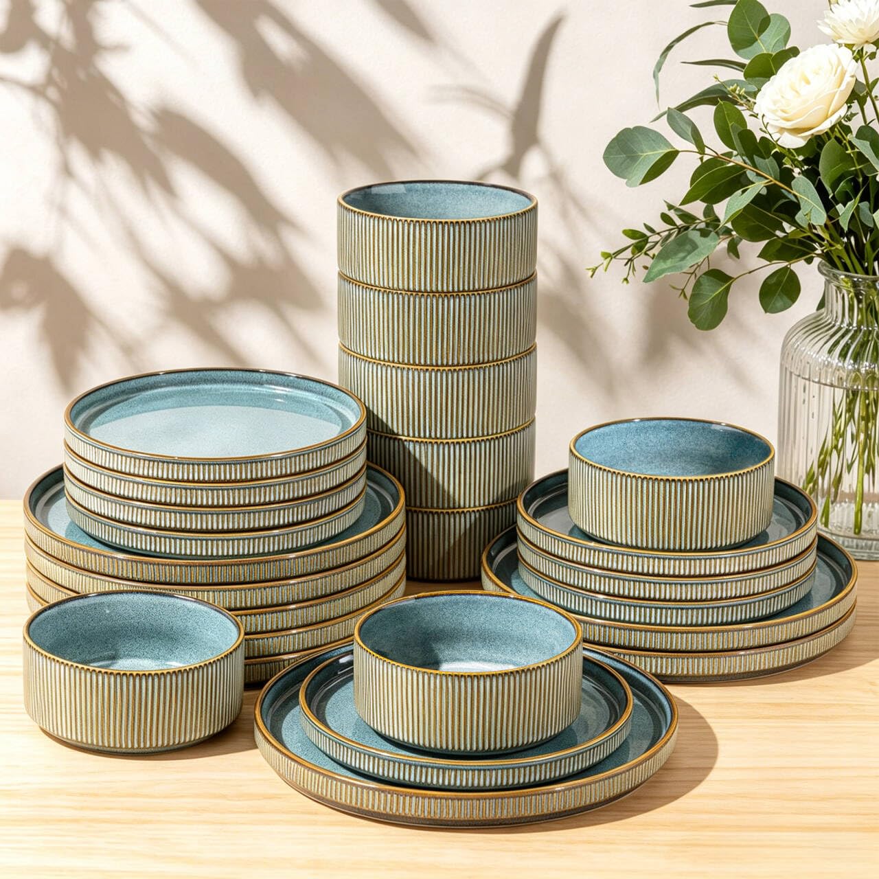GBHOME Stoneware Dinnerware Sets for 8, 24-Piece Plates and Bowls Set