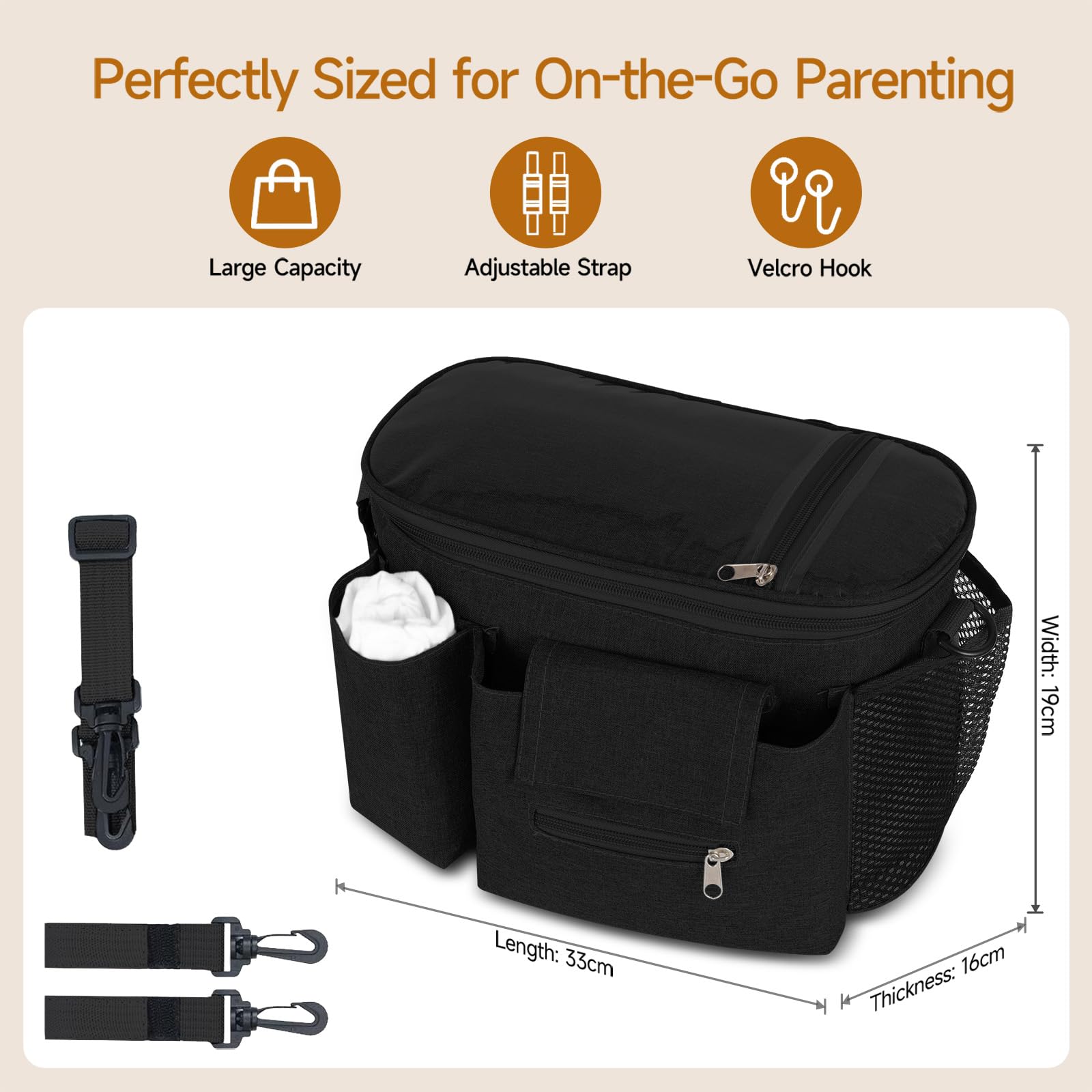 HOTUT Pram Bag,Upgraded Pram Organiser with Touch Screen Phone Pocket,Stroller Organizer with 2 Mesh Bag and Adjustable Shoulder Strap,Baby Pushchair Organiser for Diapers,Wipes,Bottles,Keys(Black) - Image 2
