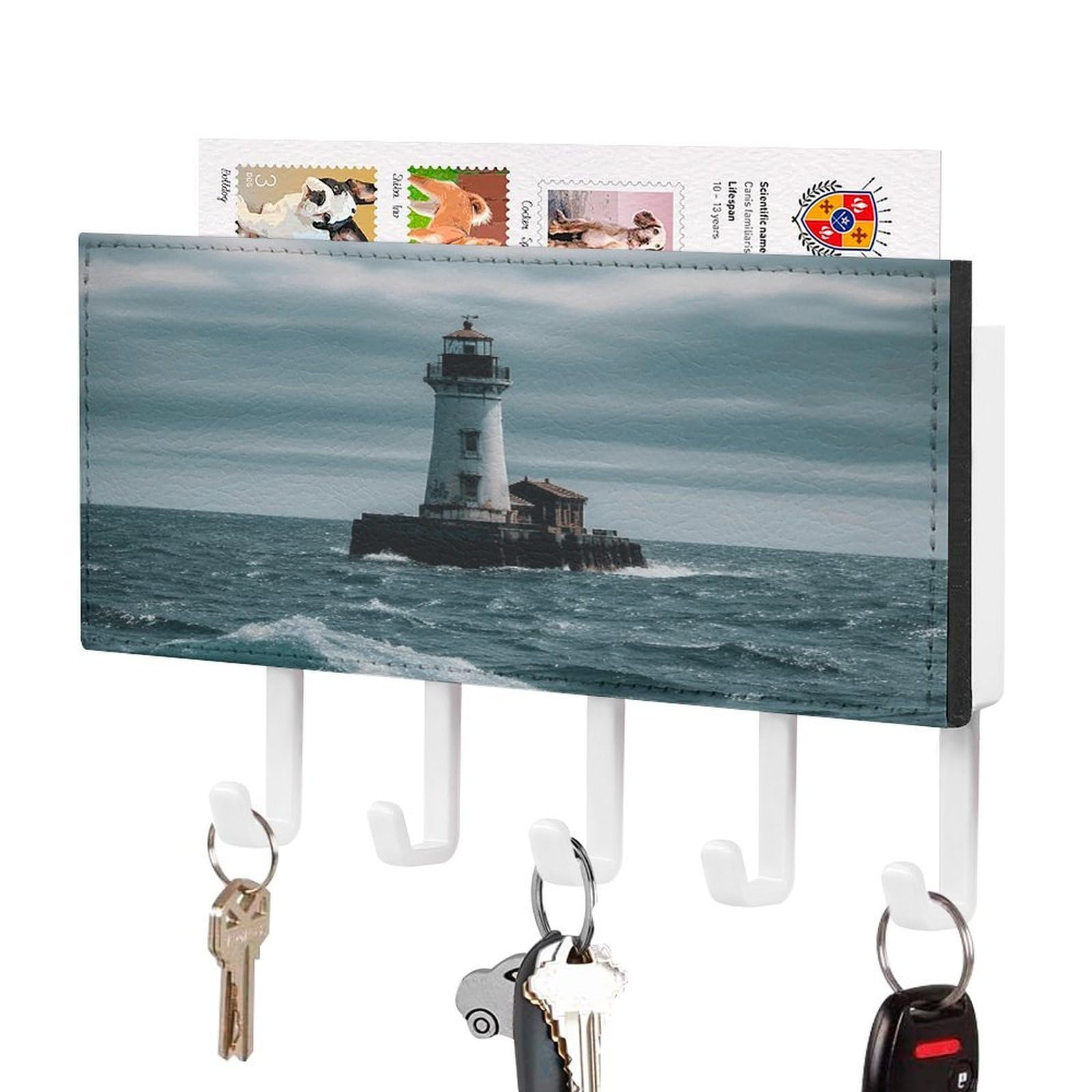 FekiLoot Lighthouse Ocean Key Holder for Wall Decorative Mail Organizer with 5 Key Hook Self Adhesive Key Rack with Tray Coat Rack Wall Mount Key Hanger Decor for Entryway Door