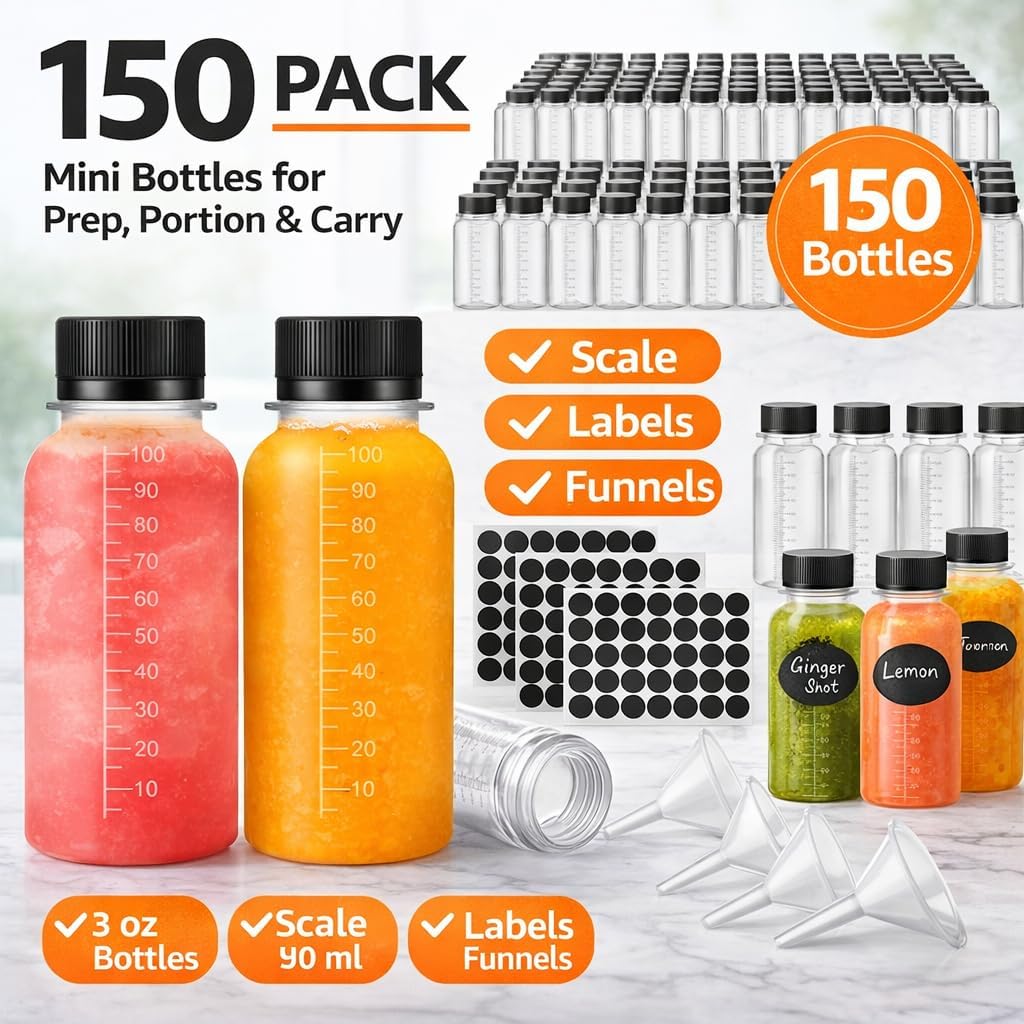 150 Pack 3 oz Plastic Juice Shot Bottles with Caps, Scale, Labels & Funnels, Clear Mini Portion Bottles for Ginger Shots, Sauces, Travel Liquids