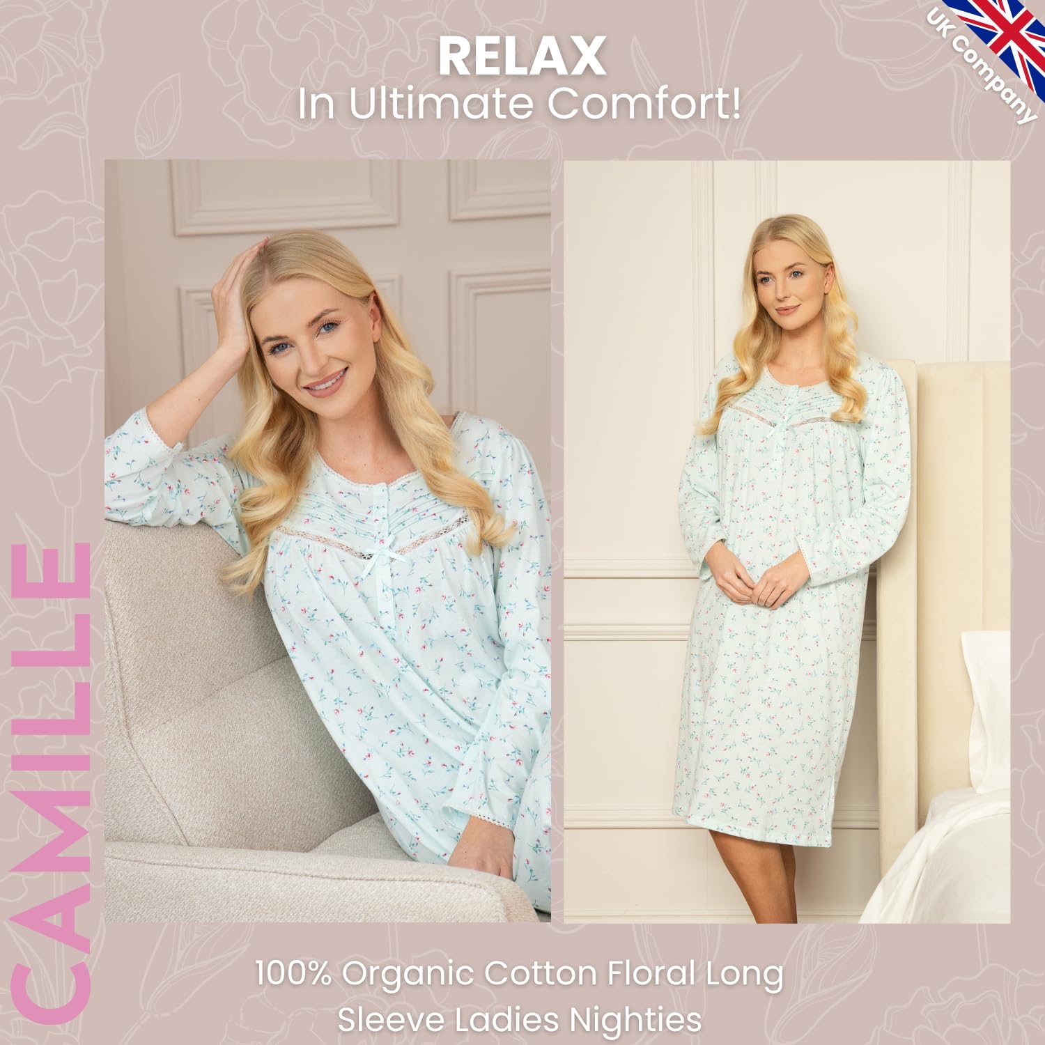 Camille Camisón de Manga Larga para Mujer, diseño Floral, clásico, Suave, camisón de Jersey con Cierre de botón de Cuello Redondo