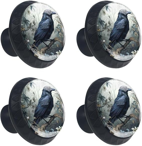 4 Pack Black Cabinet Knobs Forest Raven Dresser Knobs Drawer Pulls Handles Kitchen Cabinet Hardware Round Knobs for Cabinets and Drawers Cupboard Closet Bathroom