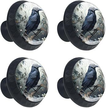 4 Pack Black Cabinet Knobs Forest Raven Dresser Knobs Drawer Pulls Handles Kitchen Cabinet Hardware Round Knobs for Cabinets and Drawers Cupboard Closet Bathroom