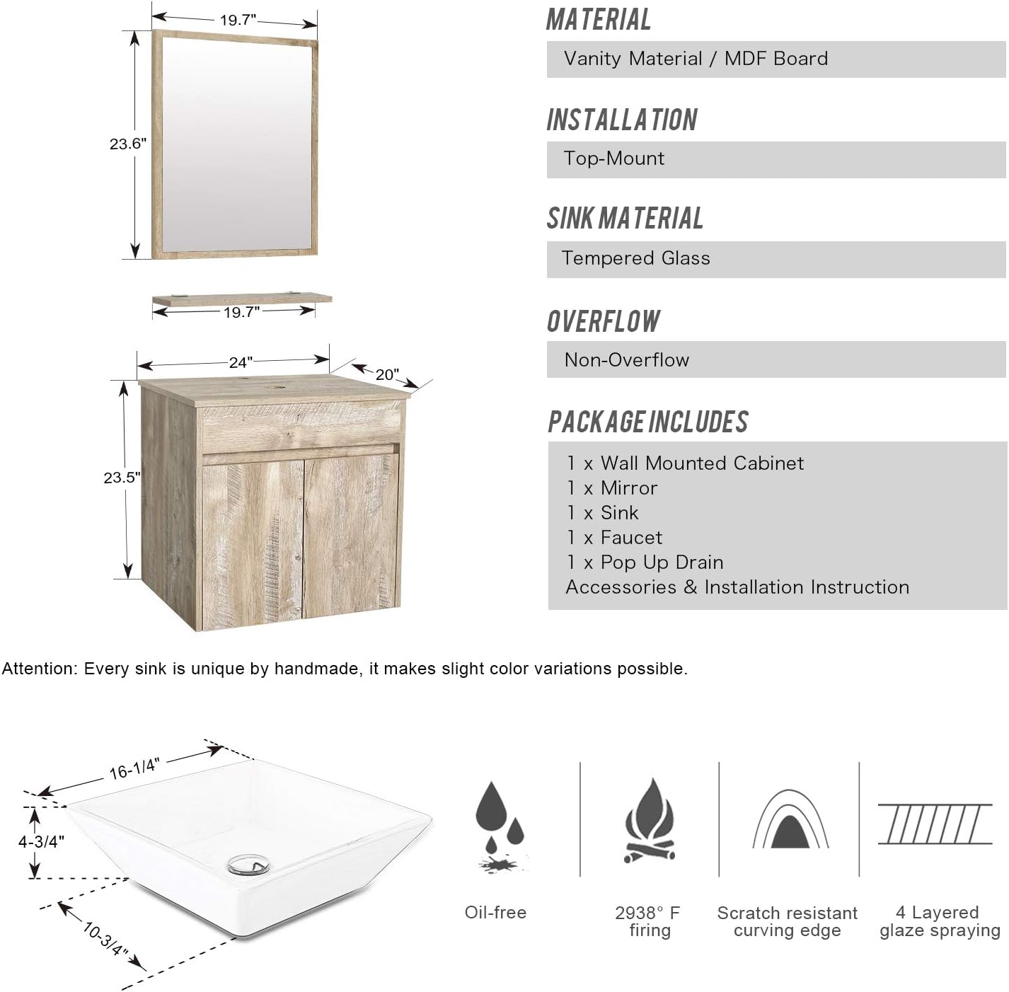 eclife 24” Bathroom Vanity Sink Combo Wall Mounted Natural Cabinet Vanity Set Square White Ceramic Vessel Sink Top, W/Chrome Faucet, Pop Up Drain & Mirror (A07E03AK) : Tools & Home Improvement
