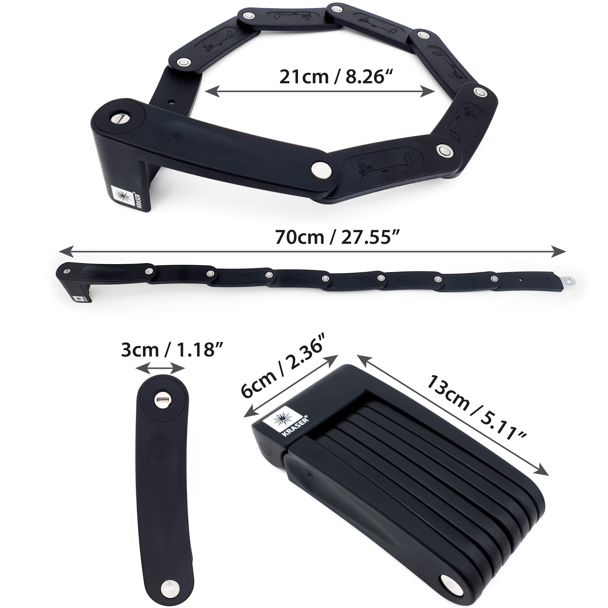 KRASER KR7022B Antifurto Bici Catena Bicicletta Lucchetto Pieghevole Monopattino Elettrico Portatile Acciaio Universale 70cm Staffa di Fissaggio Blocco Scooter Custodia Sella