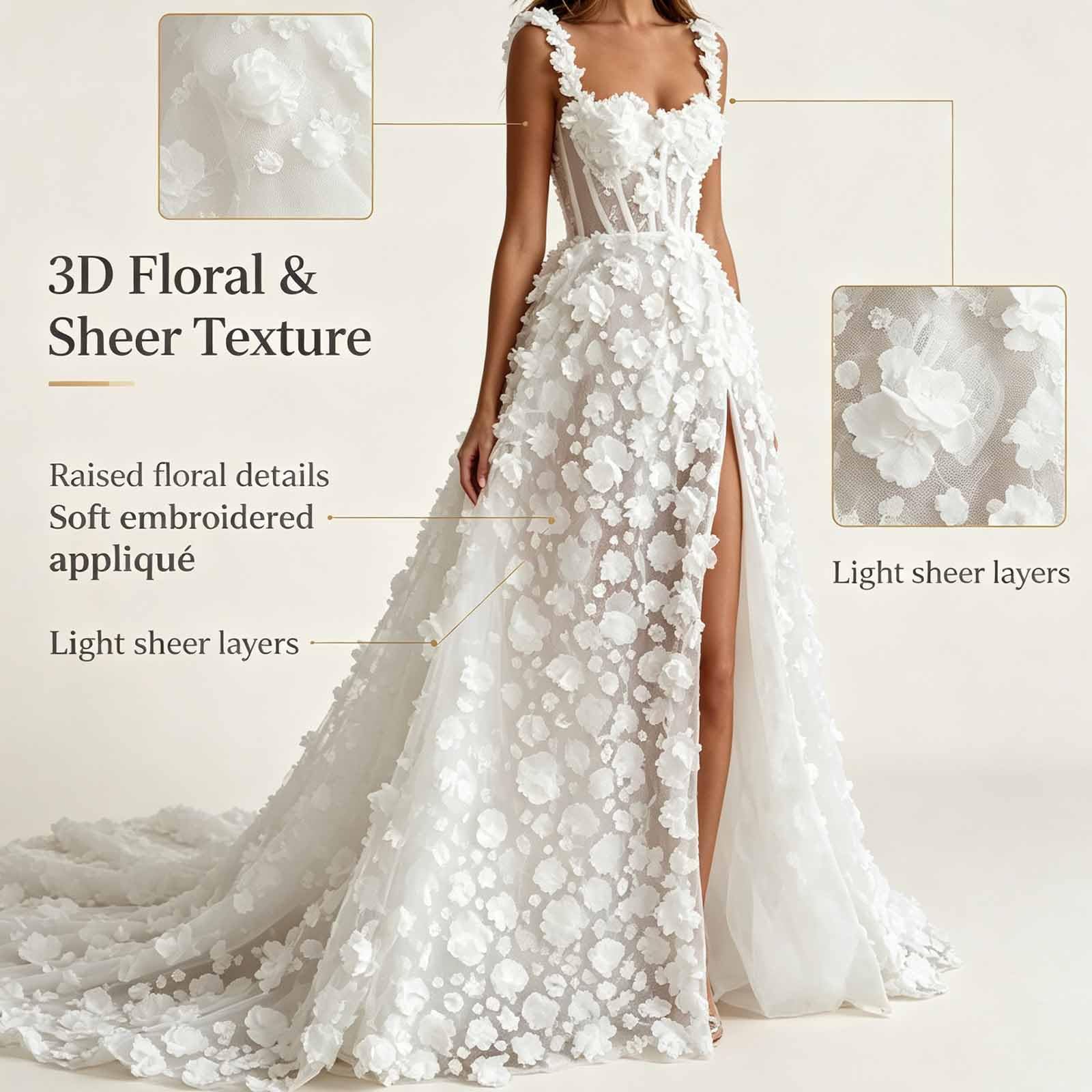 Vestito Sera 3D Fiori, Lungo A-Line con Spacco, Per Matrimonio