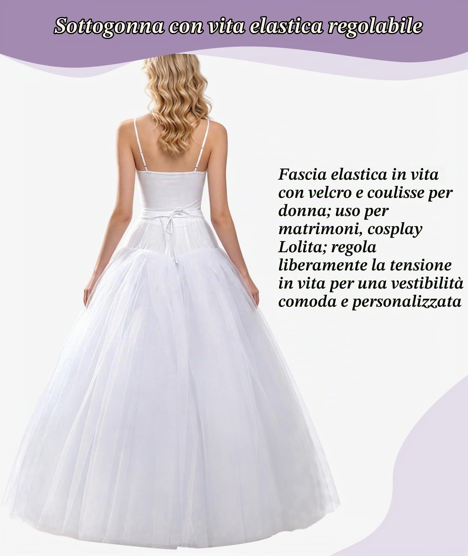 Sottogonna senza crinolina,m svasata, per abito da sposa lungo fino a terra, bianco, taglia unica