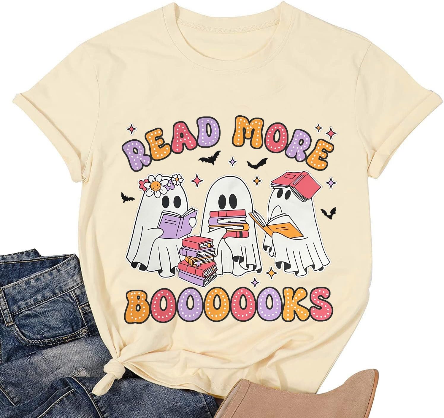 Halloween Teacher Shirts for Women Groovy Read More Books Ghost T-Shirt Short Sleeve Halloween Party Tee Tops