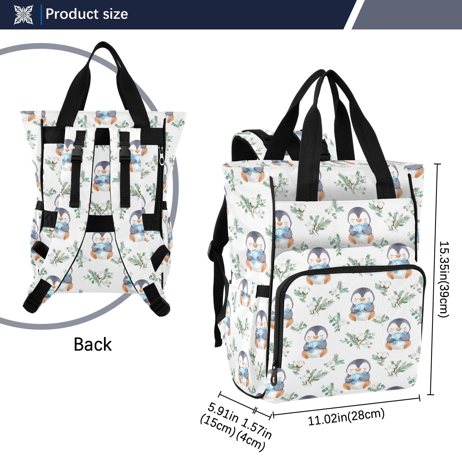 Mnsruu Sac à dos à langer imperméable avec motif de pingouin tenant un poisson pour les mamans et les papas