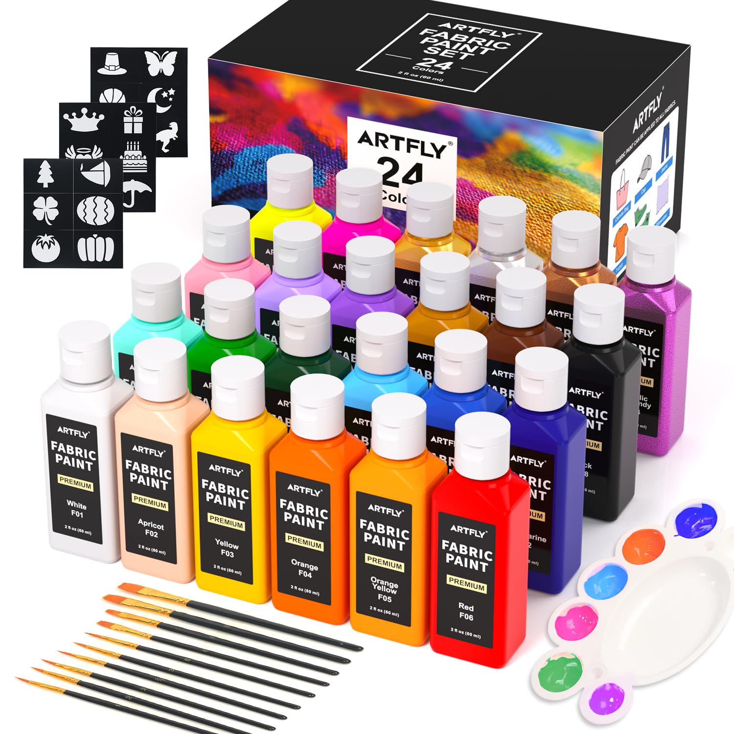 ARTFLY Pintura Textil Permanente, 24 Colores x 60 ml, Suave, para ropa, No Tóxica, Resistente al agua, Ideal para Camisetas, Zapatos, Vaqueros, Bolsos y Manualidades