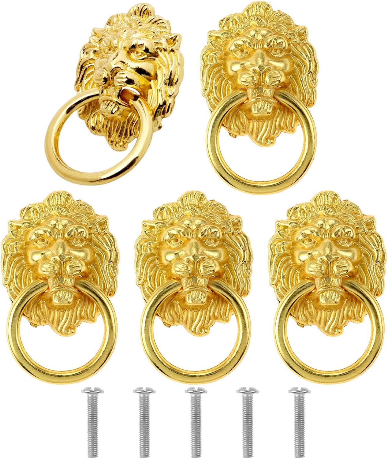 Mgoodoo 5PCS Drawer Lion Head Ring Pull, 1.65x2.64'' Antique Cabinet Handle Gold Vintage Door Knob for Nightstand Dresser Cupboard Closet Furniture Kitchen Bathroom Bedroom Wardrobe