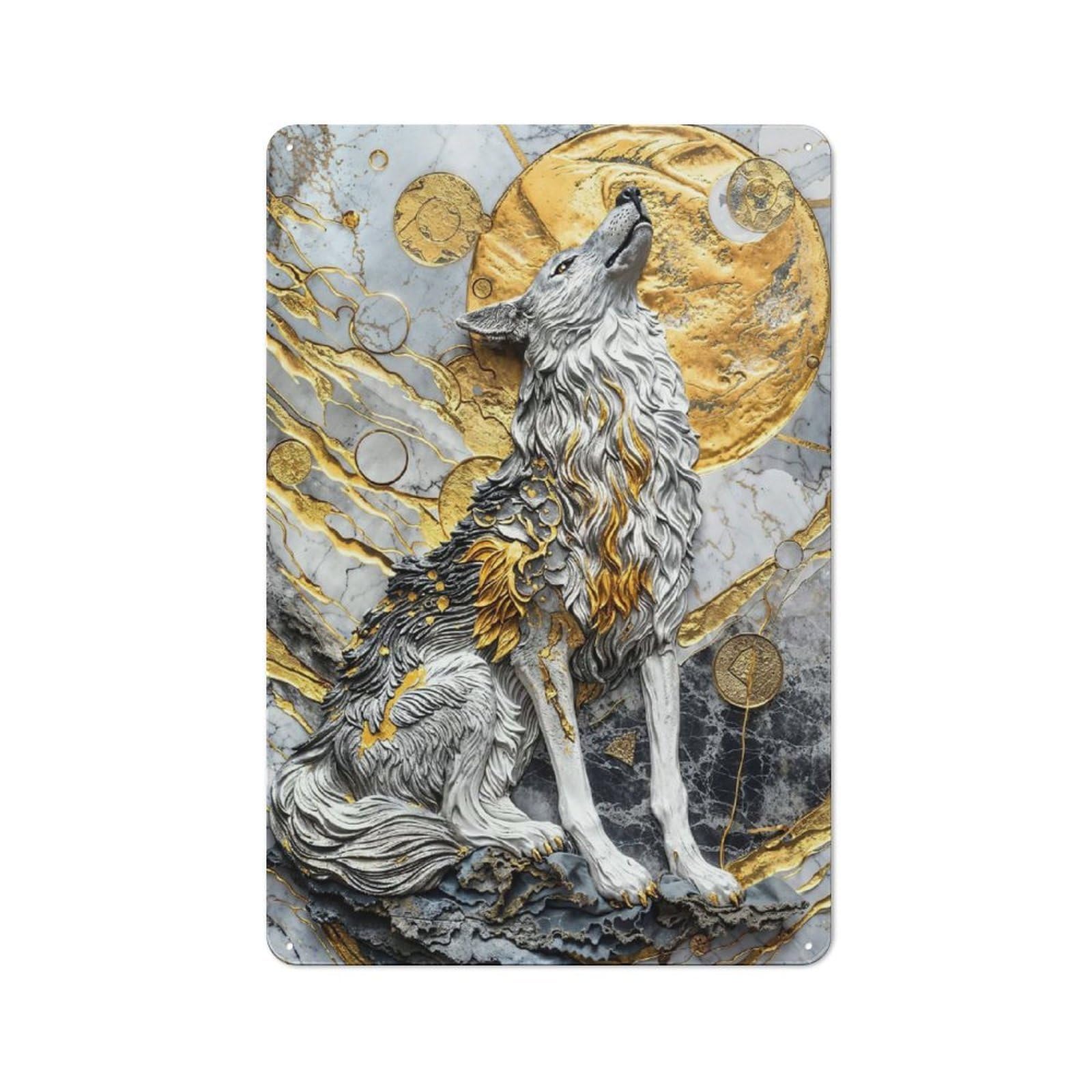 Junmoney Style-8 Vintage Tin Wall Sign 30X20cm Featuring Golden Moonlight Wolf, Room Wall Plaque For Flat, Dorm Room, Lounge Or Cafe