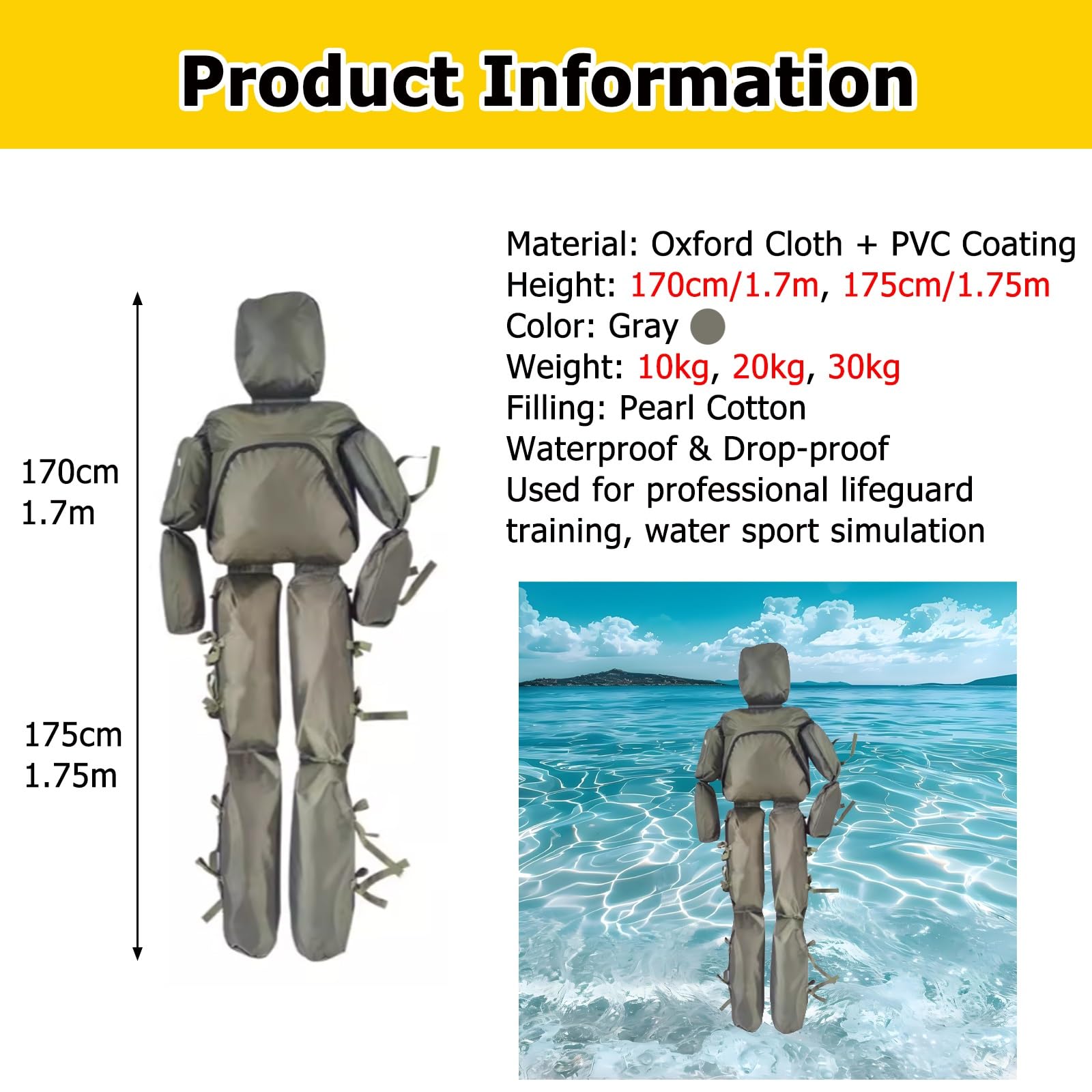 Drowning Drill Model for School/Community, 170 175 CM Tall Water Life-Saving Training Dummy, Adjustable Swimming Training Dummy, Double Waterproof Oxford Cloth(Gray-10kg,175cm)