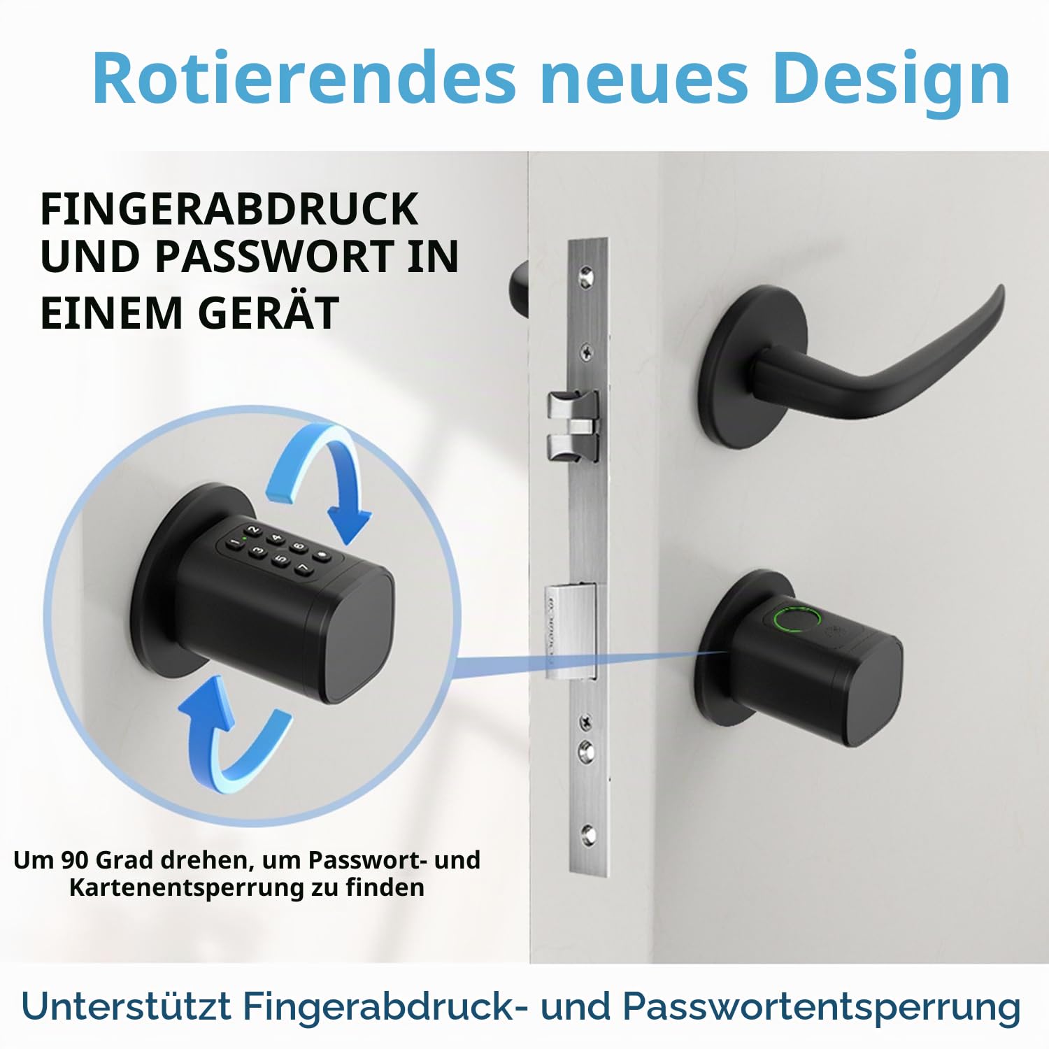 Türschloss Fingerabdruck,Elektronisches Türschloss Haustür Code,Smart Lock SchließZylinder 60mm,Fingerabdruck Schloss Mit Bluetooth und App,mit 2 Schlüssel,4 IC-Karte,für Türen von 60-90 mm(Schwarz)