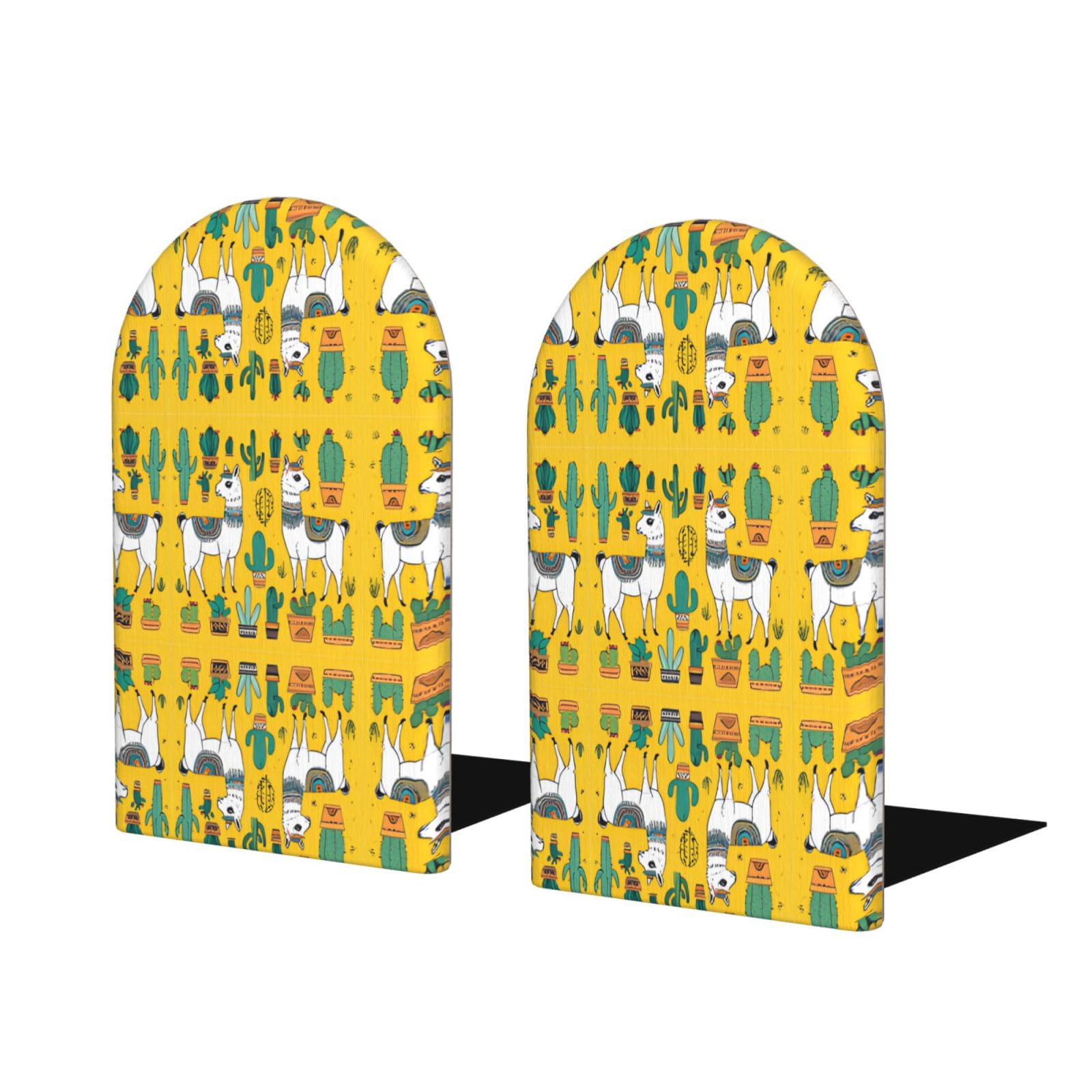 Cartoon Alpaca Cute Animal Stylish Bookends with Full-Print Design Durable Wooden and Metal Bookend Set for Home, Office