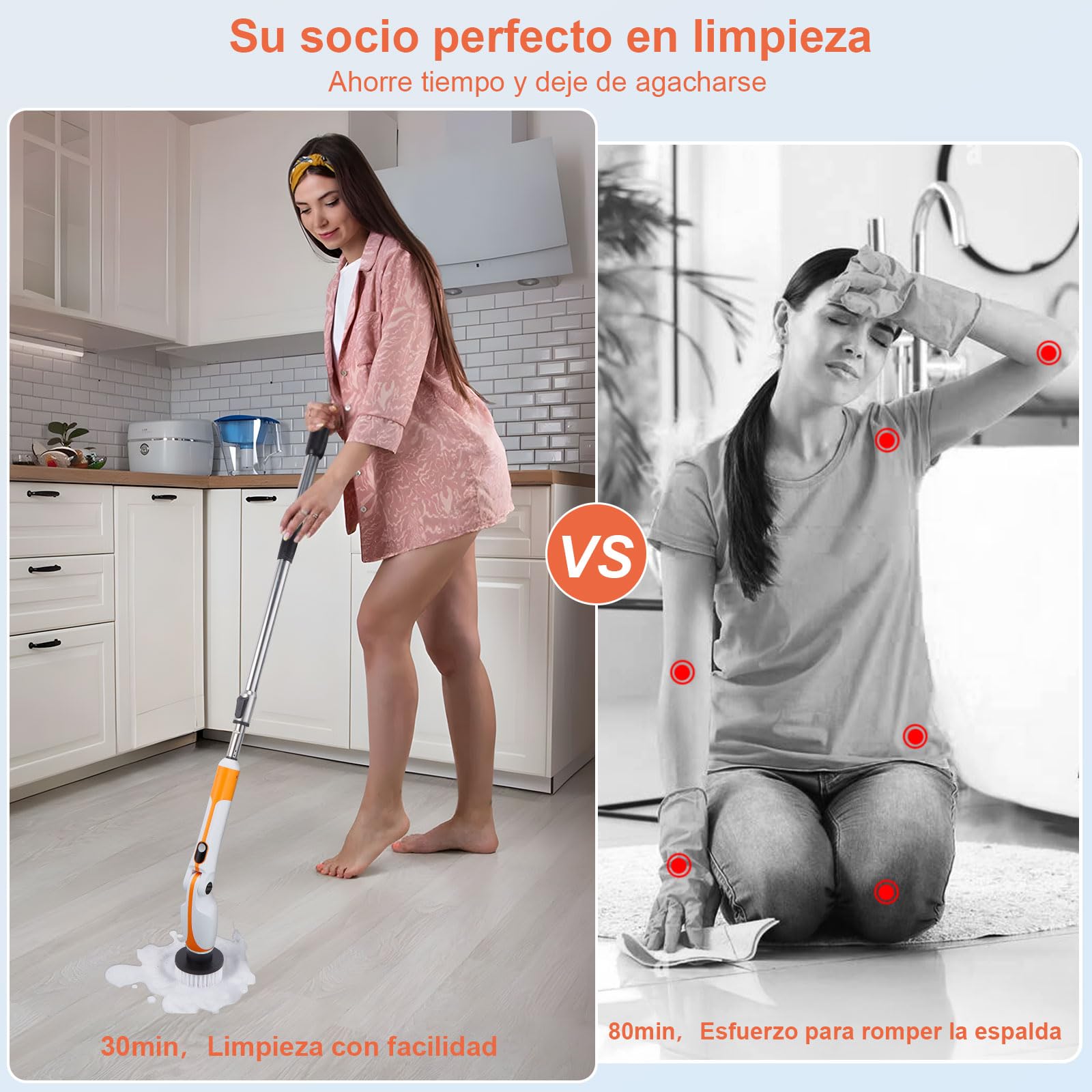 Cepillo Eléctrico Limpieza hogar Kit - Mango Extensible, 4 Ángulos, 11 Cabezales. para Ducha, Bañera, Azulejos. Batería Duradera