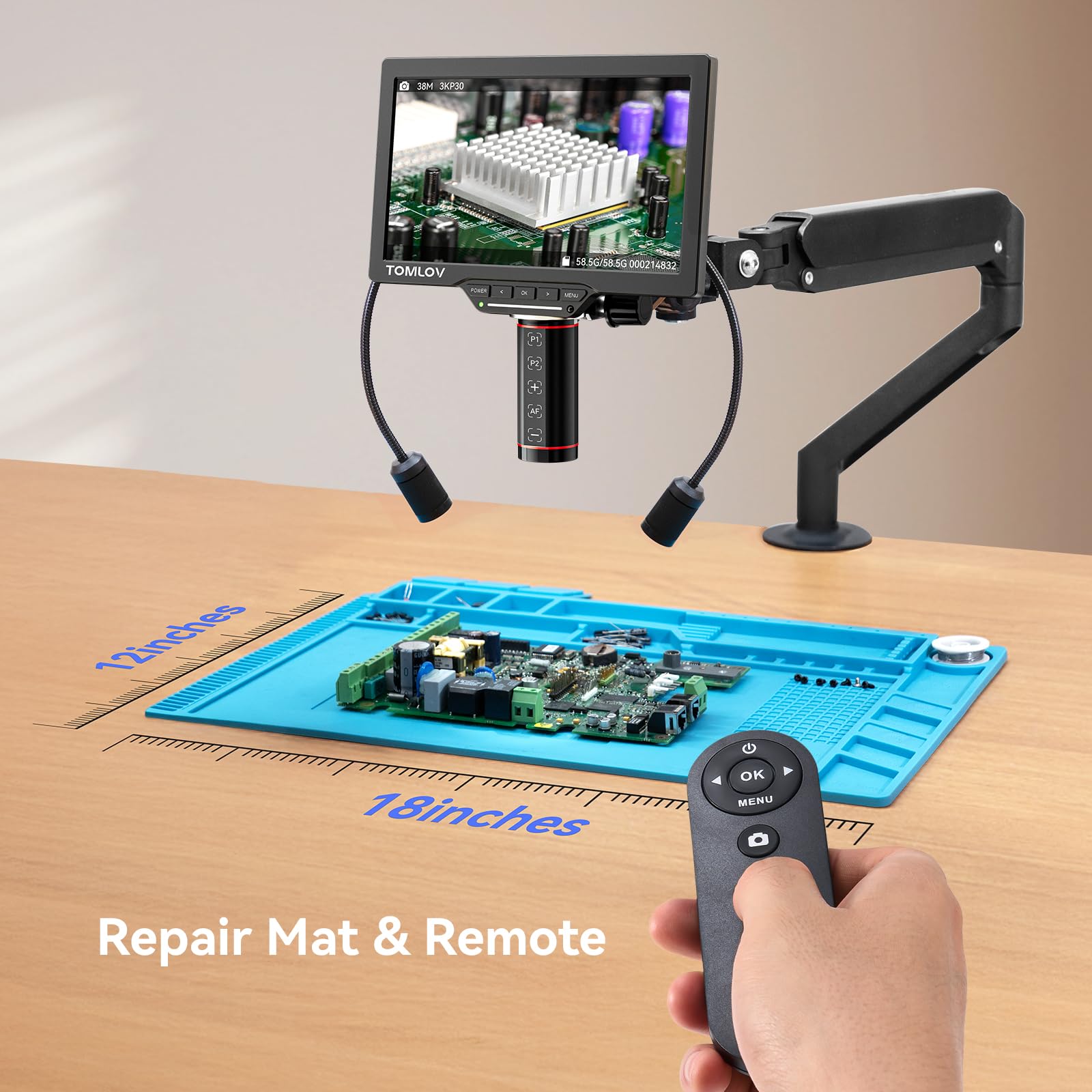 TOMLOV Autofokus Digitalmikroskop TM3K-AF Max:3K Flex Arm HDMI Mikroskop mit Bildschirm, Mikrolötmikroskope, Münzlupe, 10,1 Zoll IPS Bildschirm, Seitenlichter, Reparaturmatte, PC/TV kompatibel, 16G
