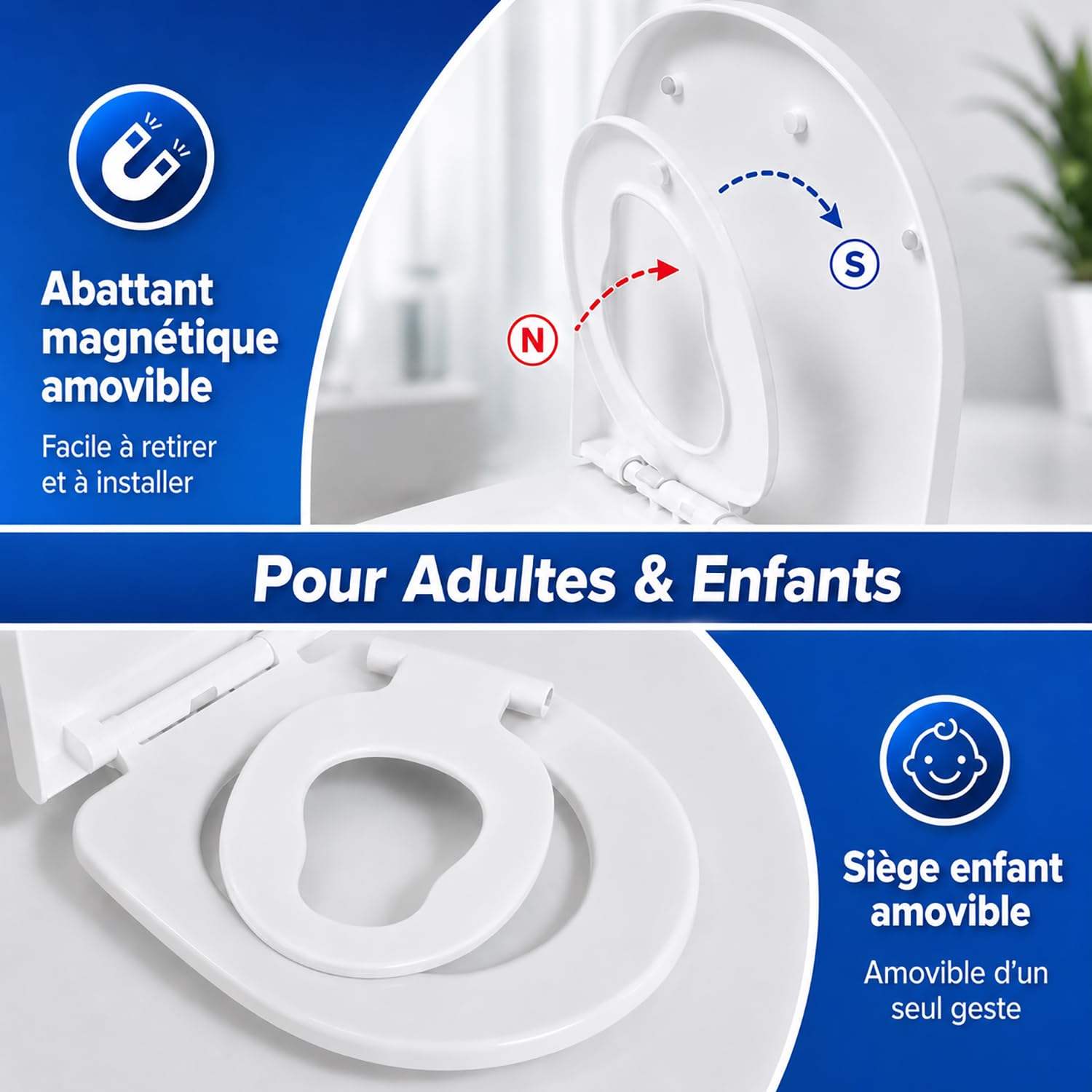 Abattant WC Familial Forme en D, Lunette de Toilette avec Siège Enfant Magnétique, Frein de Chute et Charnière Réglable, Siège de Toilette pour Adultes et Enfants, Démontage Rapide - Blanc