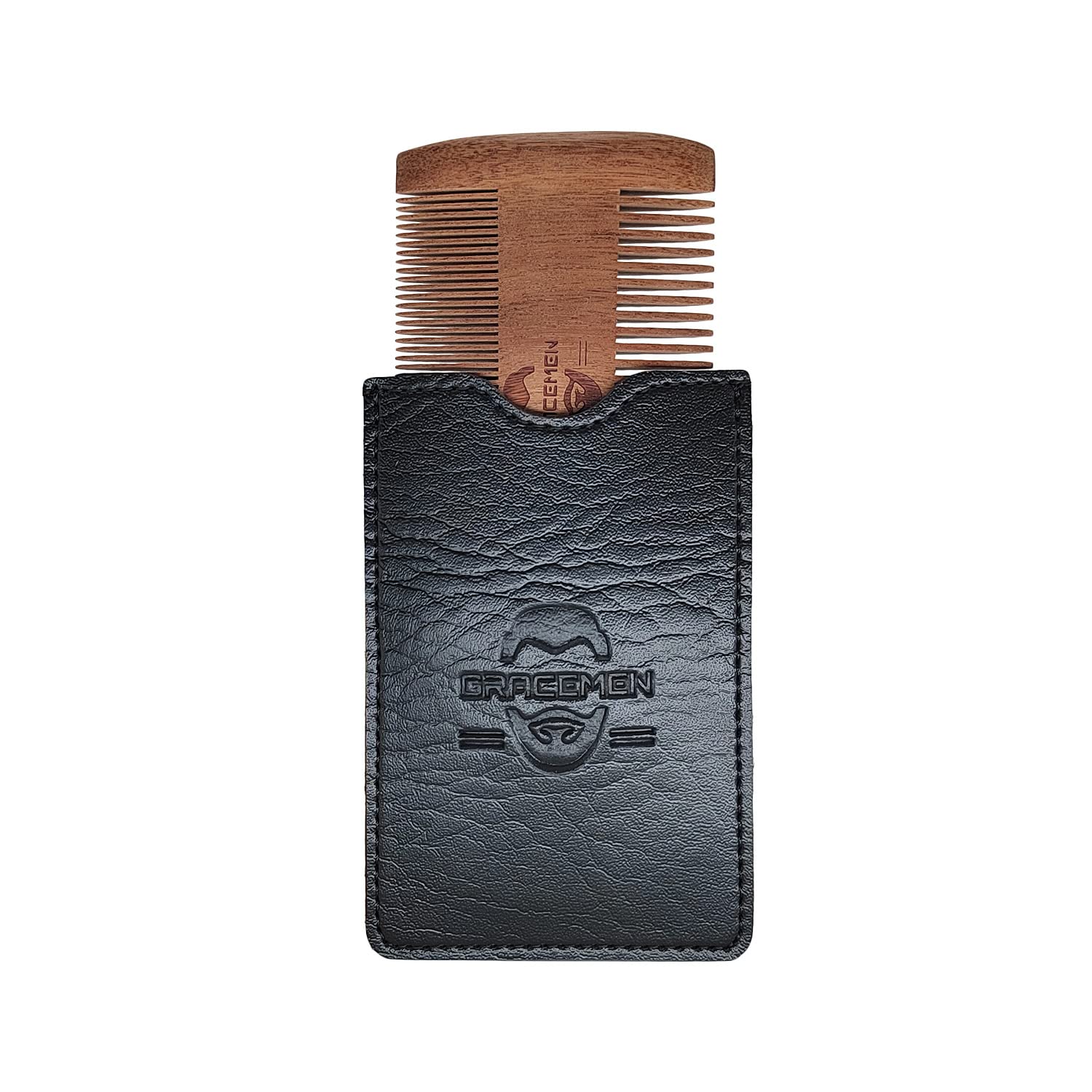 Premium Wood Beard Comb for Men - Great for Head Hair, Beard Grooming & Mustache - Fine & Coarse Dual Action Teeth - with PU Leather Case (Type A)