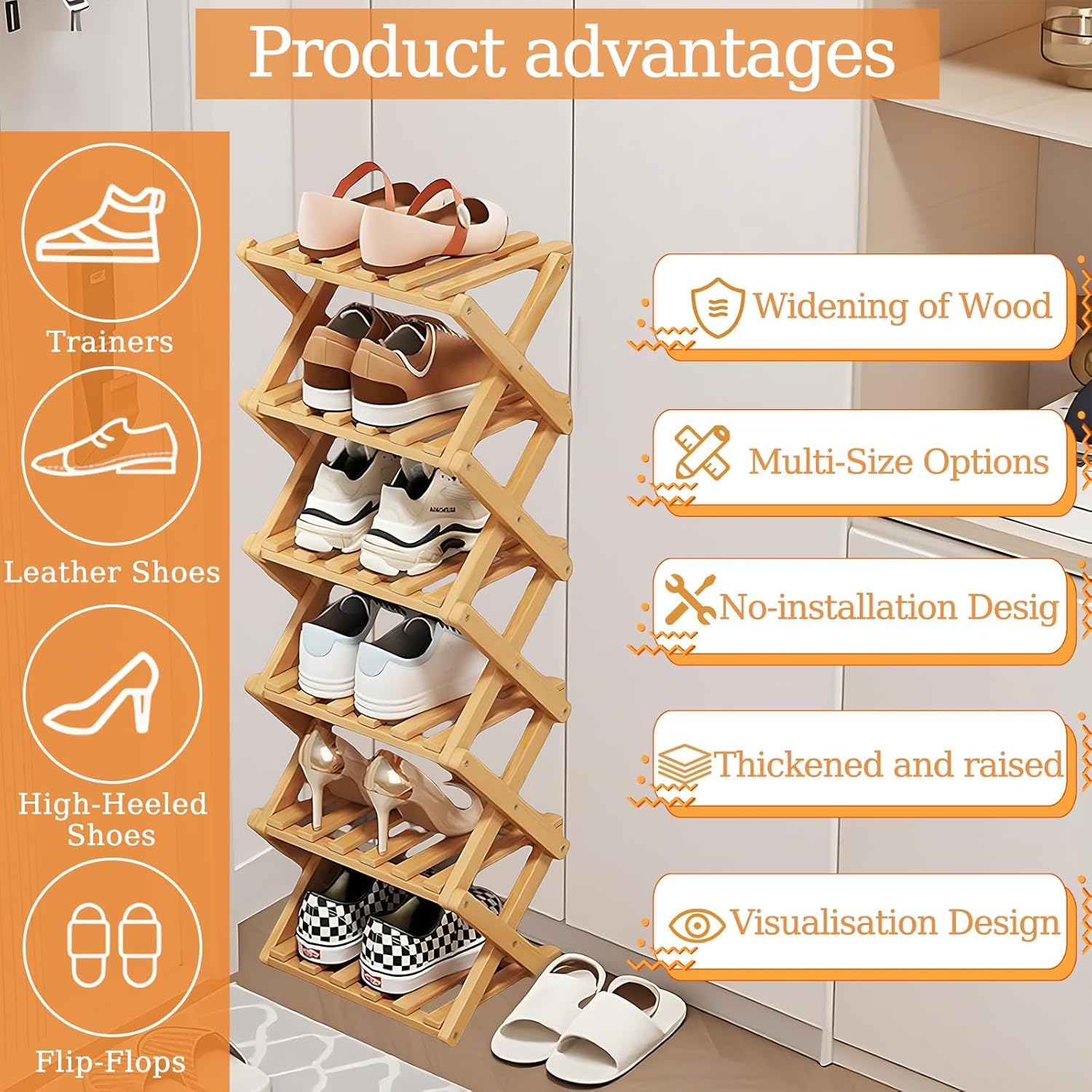 Kiss Me Étagère À Chaussures Pliable en Bambou 7 Niveaux Petit Meuble | Petit Meuble À Chaussures Vertical En Bois, Pour Espace ÉtroiT, Sans Installation, Intérieur Pour Couloir, Entrée