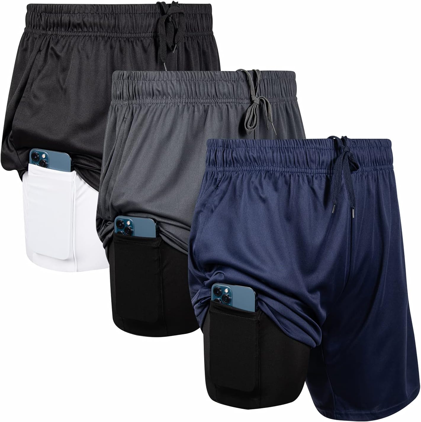 3 Pack Mens 2 in 1 Athletic Running Shorts 7 inch Inseam Workout Gym Compression Shorts for Men