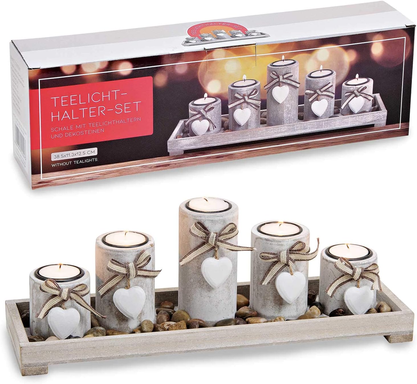 Vypearlz Candle Holder Set, 6 Pieces on Wooden Tray with Stones, Grey & White, Country House Style, Decorative