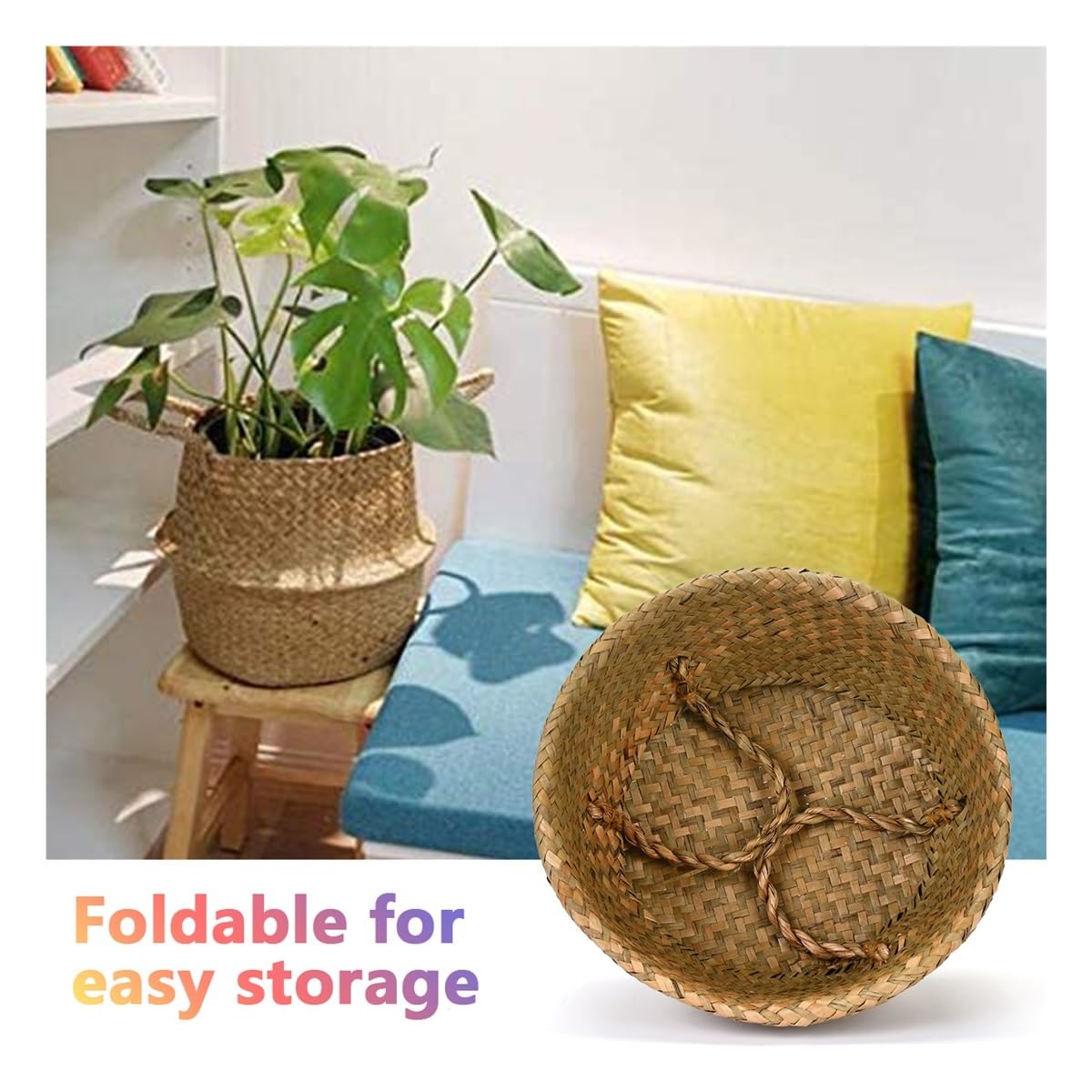 Panier de rangement tissé en jonc de mer naturel fait à la main - Panier à linge pliable en paille et rotin - Sac de plage (22 x 20 cm)