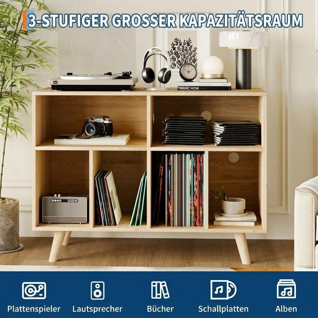 Garvee Großes Plattenspieler Regal, Schallplattenregal für bis zu 350 Vinyl, Holzregal mit USB und Steckdose – Offenes Design für Wohnzimmer, Schlafzimmer, Büro – Naturholz