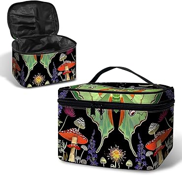 Large Capacity Makeup Bag with Brush Slot, Green Moth Moon Travel Portable Cosmetic Bag with Handle and Zipper, Womens Toiletry Storage Pouch Washable Waterproof Makeup Organizer Bag
