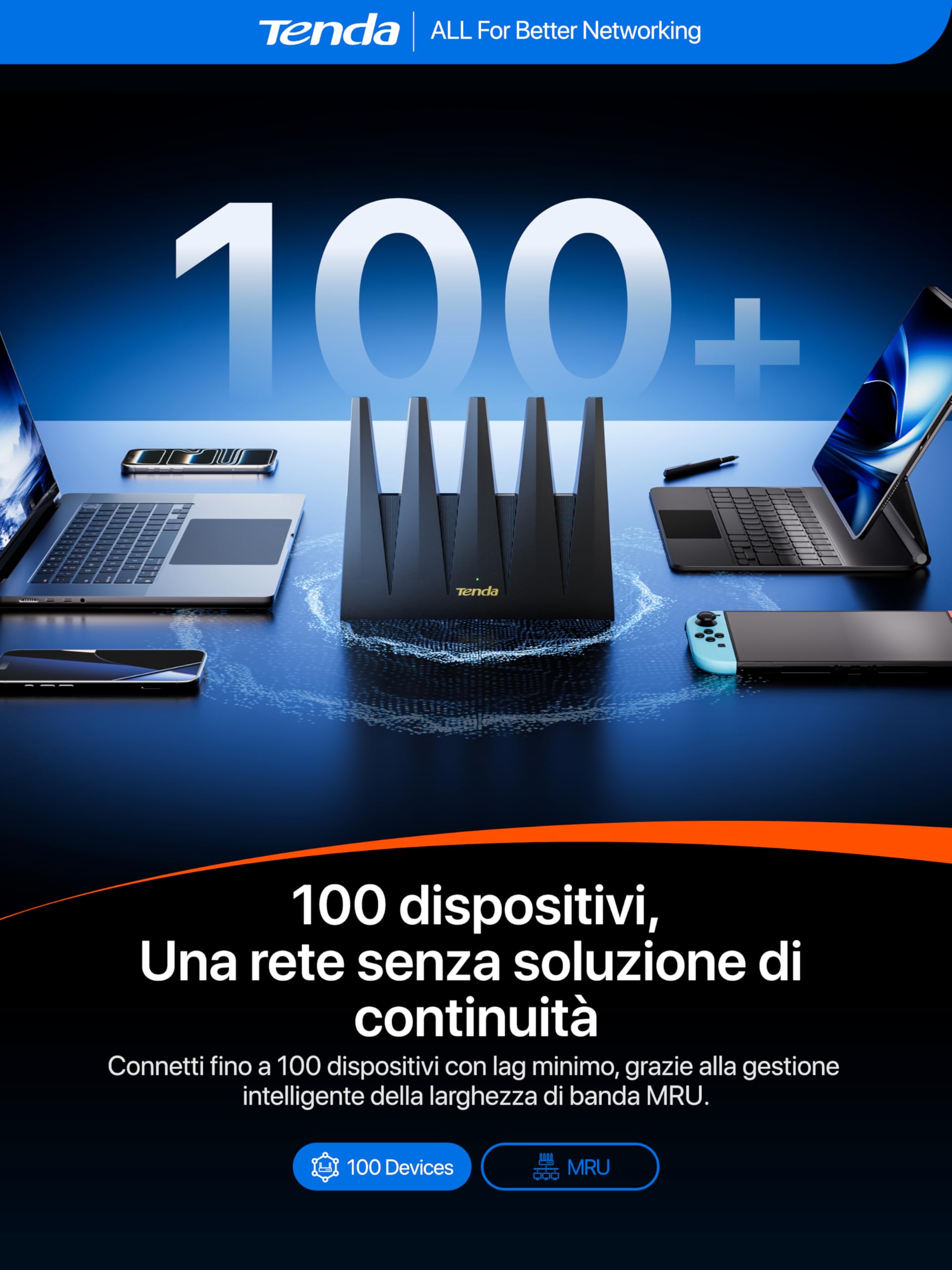 Tenda Wi-Fi 7 Router BE12 Pro - Router Dual Band BE7200 (5 GHz: 5765 Mbps, 2.4 GHz: 1376 Mbps), 2 x porte 2.5G, 3x porte Gigabit, CPU Quad Core, 4K-QAM, MLO, VPN, Supporto OpenWRT