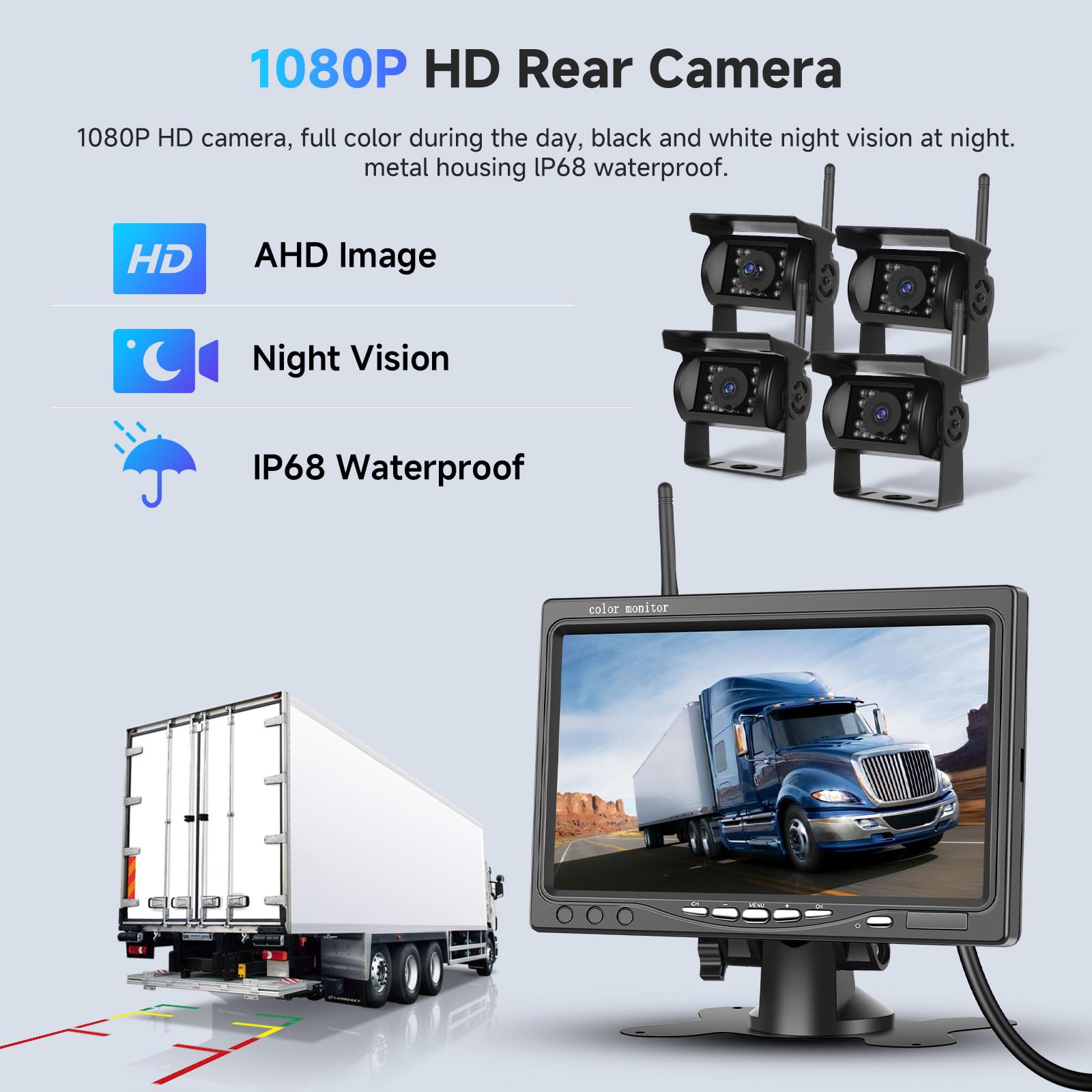 Kit di quattro telecamere posteriori 1080P HD senza fili, monitor LCD da 7 pollici con 4 telecamere di backup per rimorchi camper camion auto bus, linee guida, IP68, visione notturna, 12V-36V