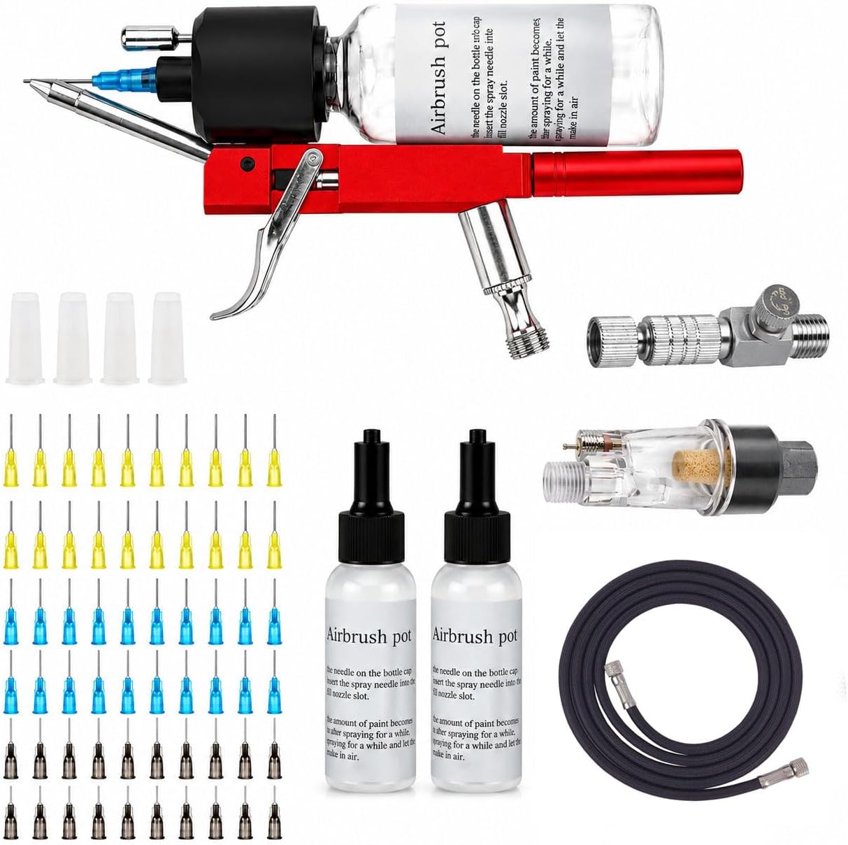 No-Clean Airbrush Kit （Dual-Action） with 60 Disposable Nozzles, Quick Color Change System, 0.2mm/0.3mm/0.5mm Precision Needles for Model Painting, Cake Decorating, Nail Art & DIY Crafts. (Red)