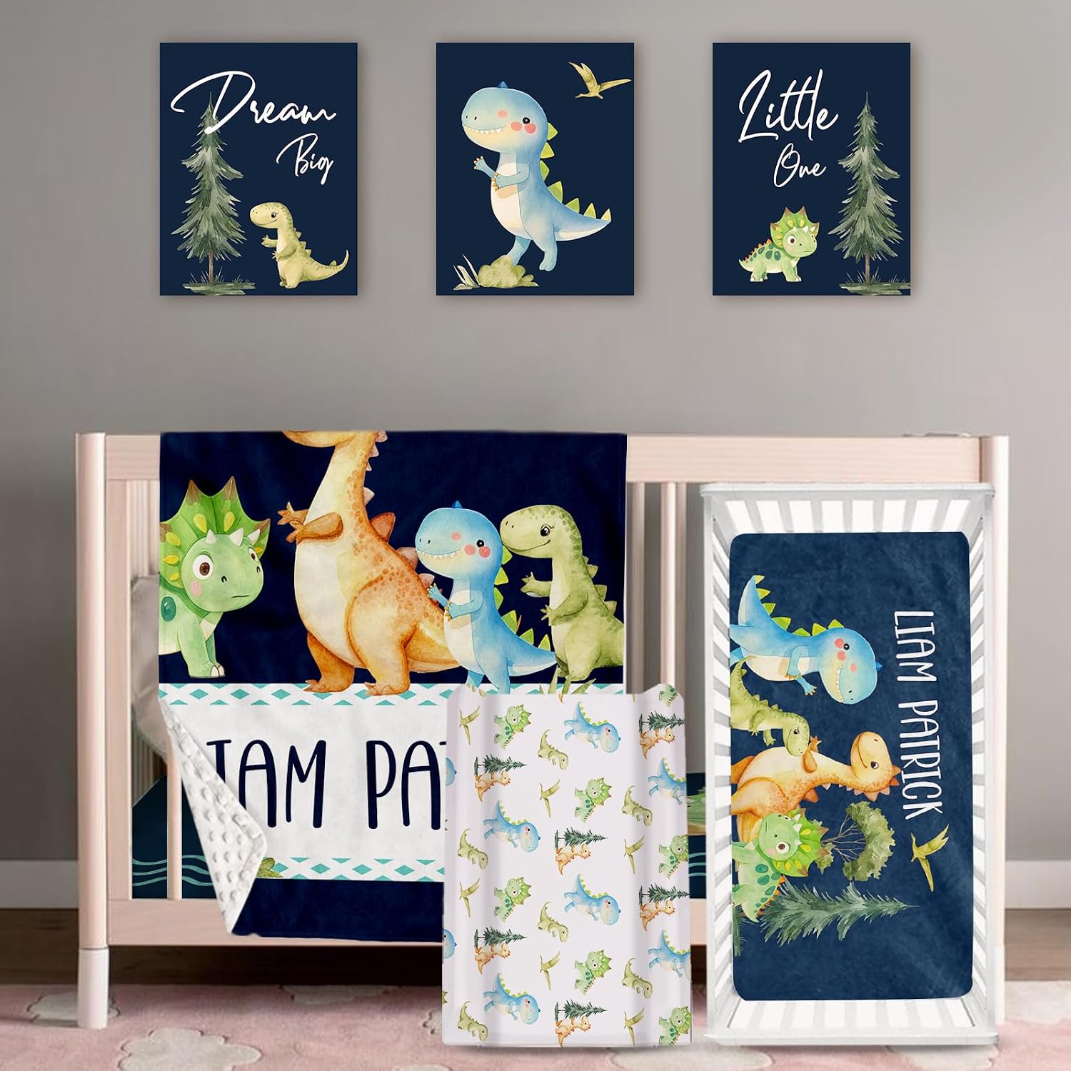 Personalized Dinosaur Crib Bedding Set, Custom Name 4 Piece Crib Bedding Set for Baby Boys & Girls, Nursery Baby Crib Sheet Set, New Parents Gift