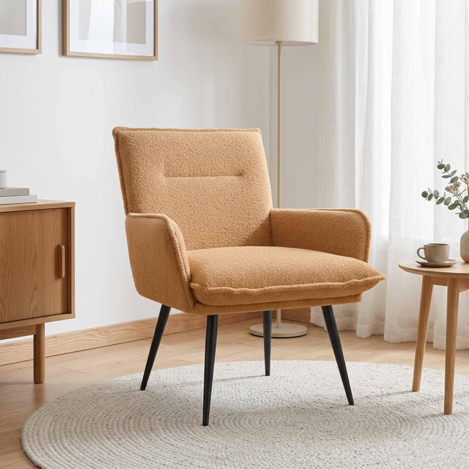 Moderner Sessel mit Bouclé-Stoff, 100% Polyester, Metallrahmen, abnehmbares Kissen, für Wohnzimmer, beige 42047697