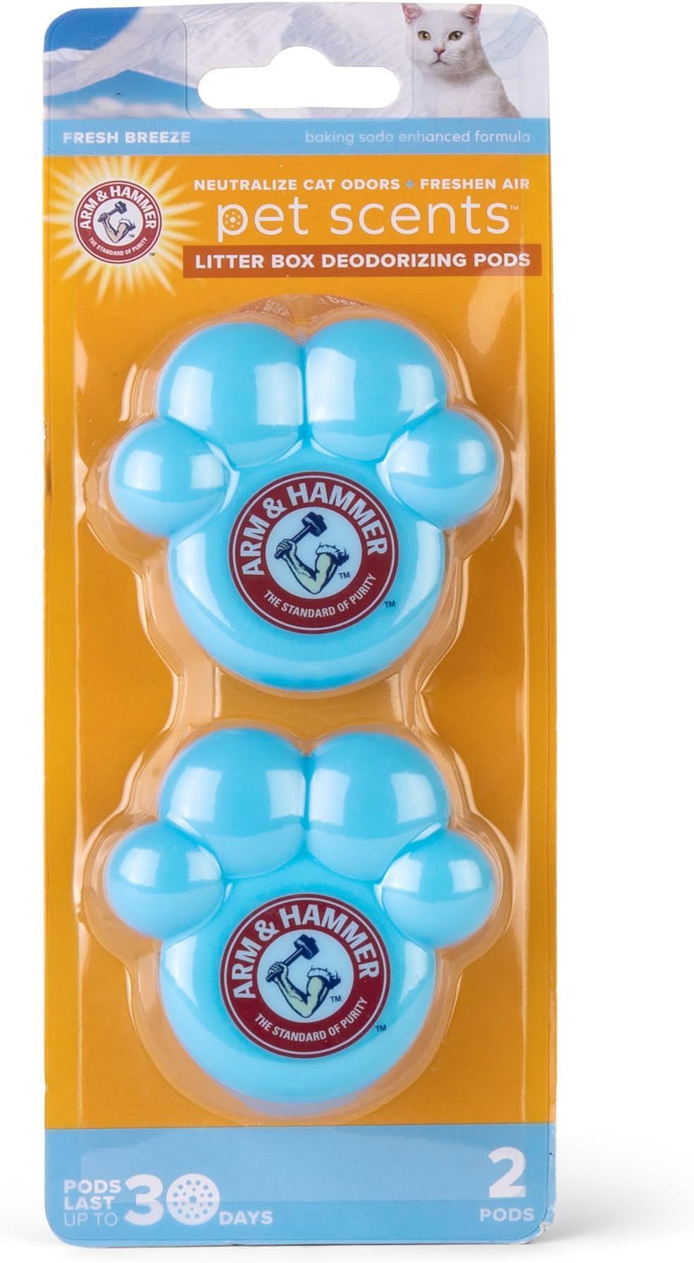 ARM & HAMMER Cat Litter Box Deodorizing Pods, 2 Paw-Shaped Blue Adhesive Gel Pods, Fresh Breeze Scent, 30 Days Odor Control, 2 Cat Litter Box Deodorizer
