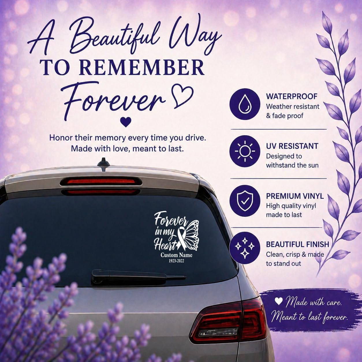 Forever in My Heart Cancer Awareness Ribbon Memorial Vinyl Decal with Butterfly, Customizable Name and Date