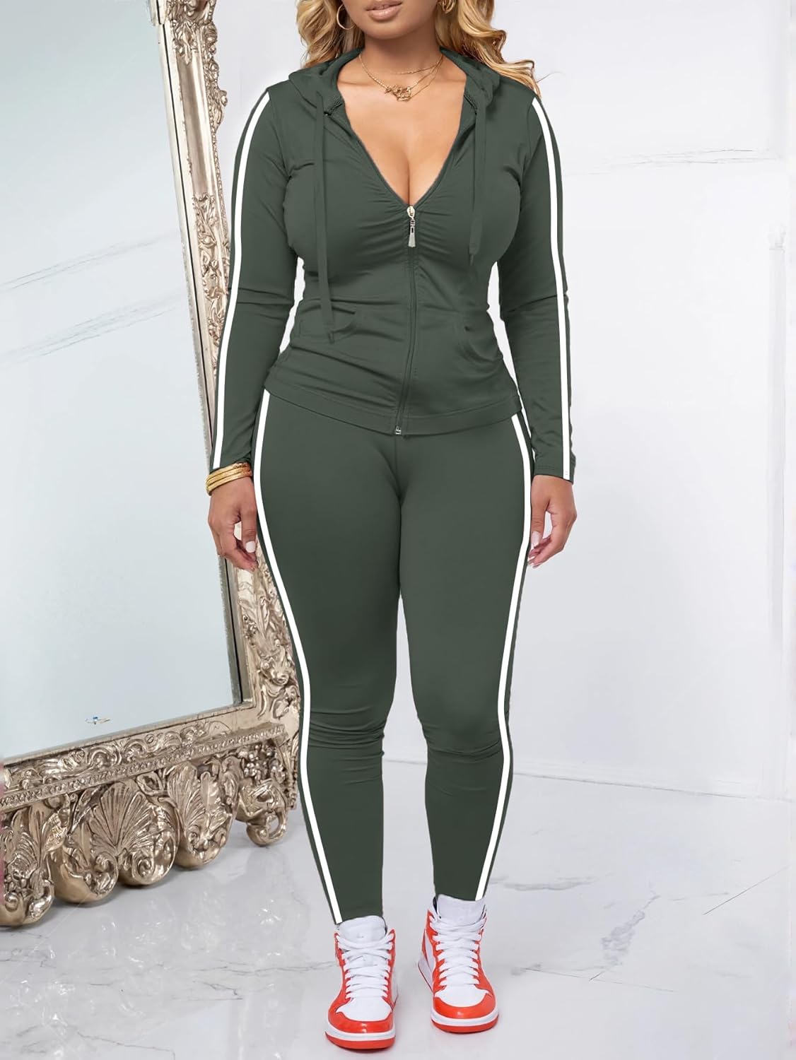 Women 2 Piece Outfits Casual Workout Sets Striped Bodycon Tracksuit Zip Up Long Sleeve Hoodle Jacket Jogger Pant Set - Image 2