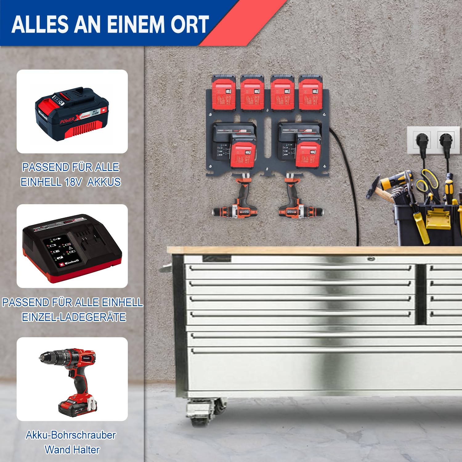 Adlerfokus Wandhalterung für Einhell 18V Akkus und Ladegeräte